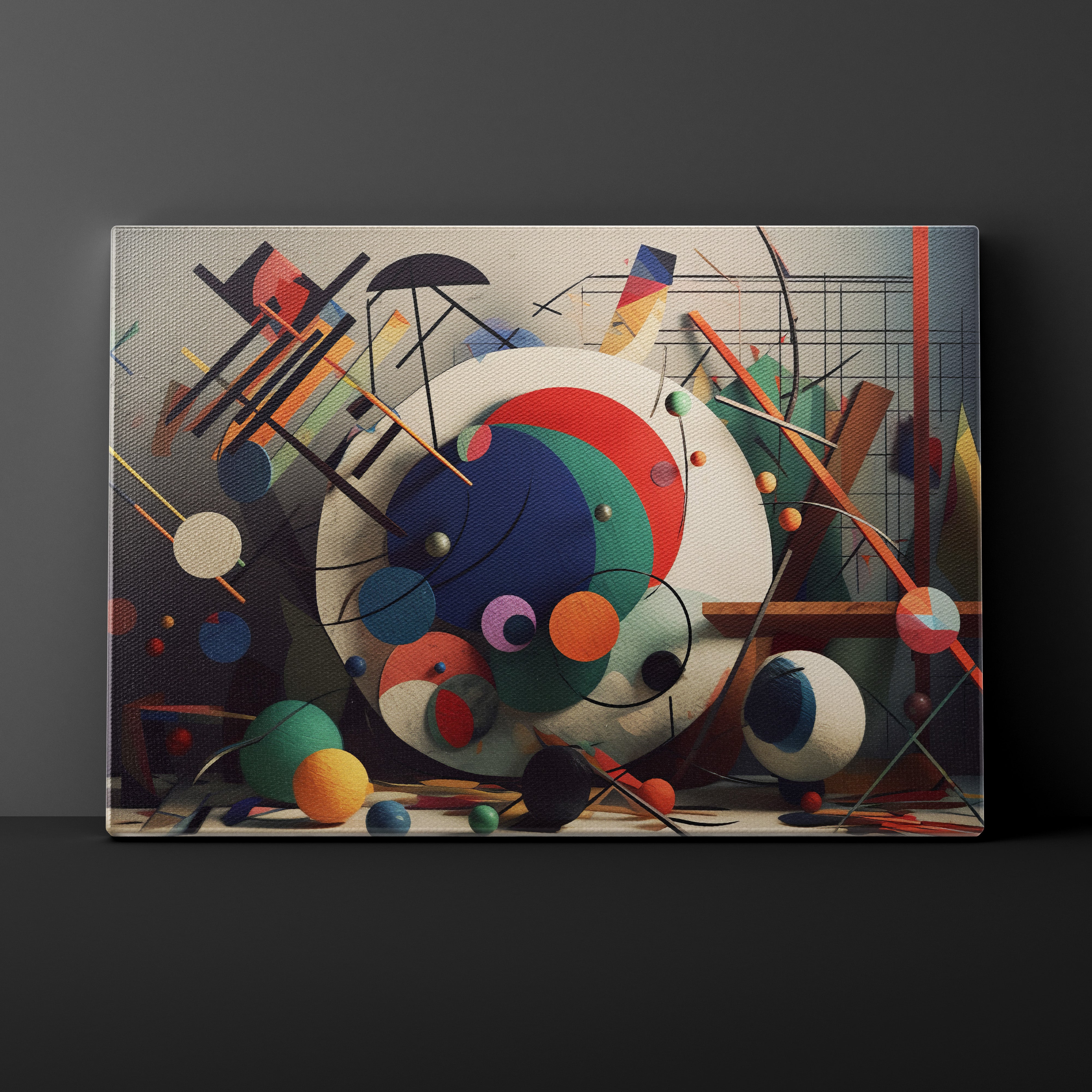 Abstract art piece with geometric shapes and colors on a dark background