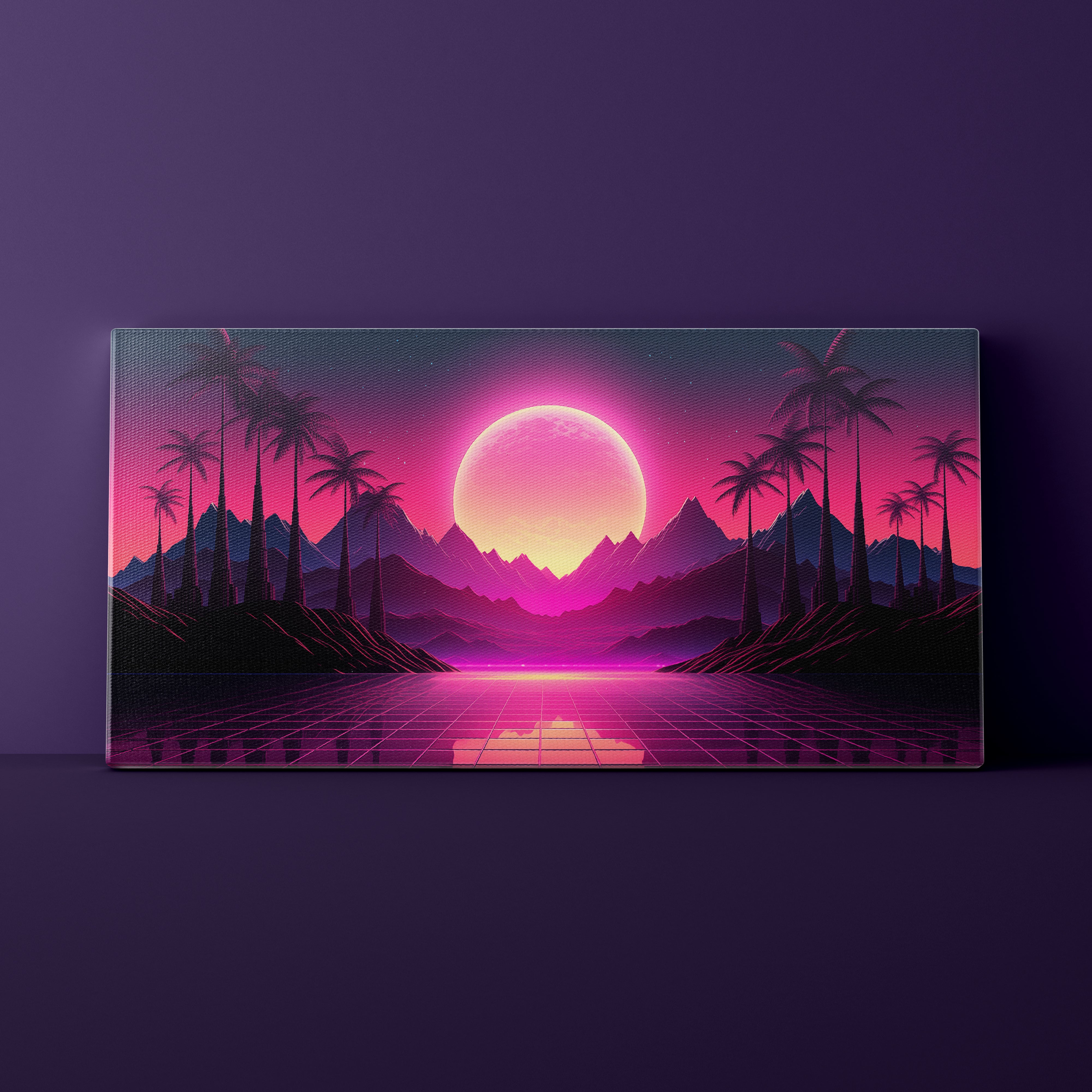 Canvas print of a futuristic landscape with palm trees, mountains, and a pink sun on a purple background.