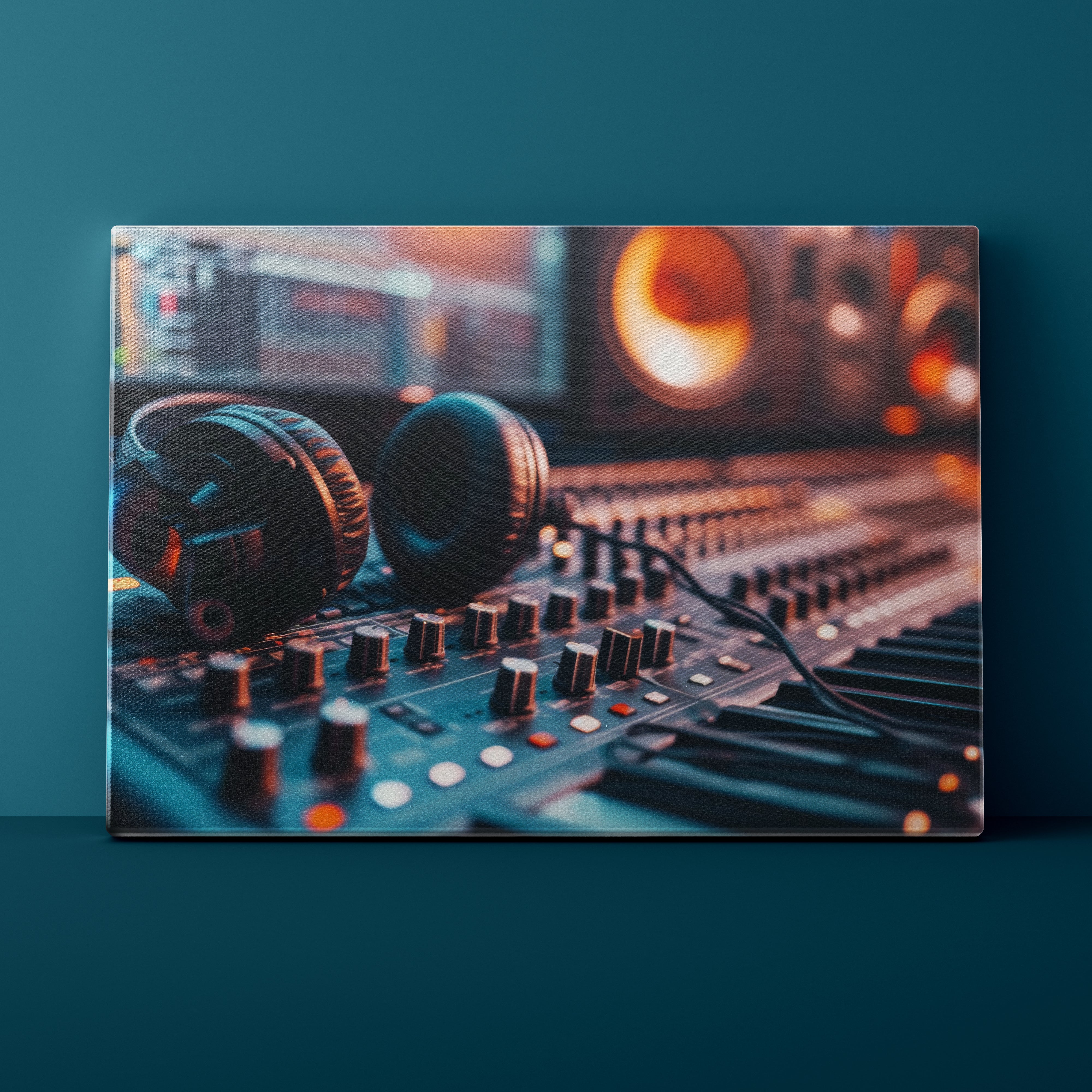 Pair of headphones on a mixing console with a blurred background