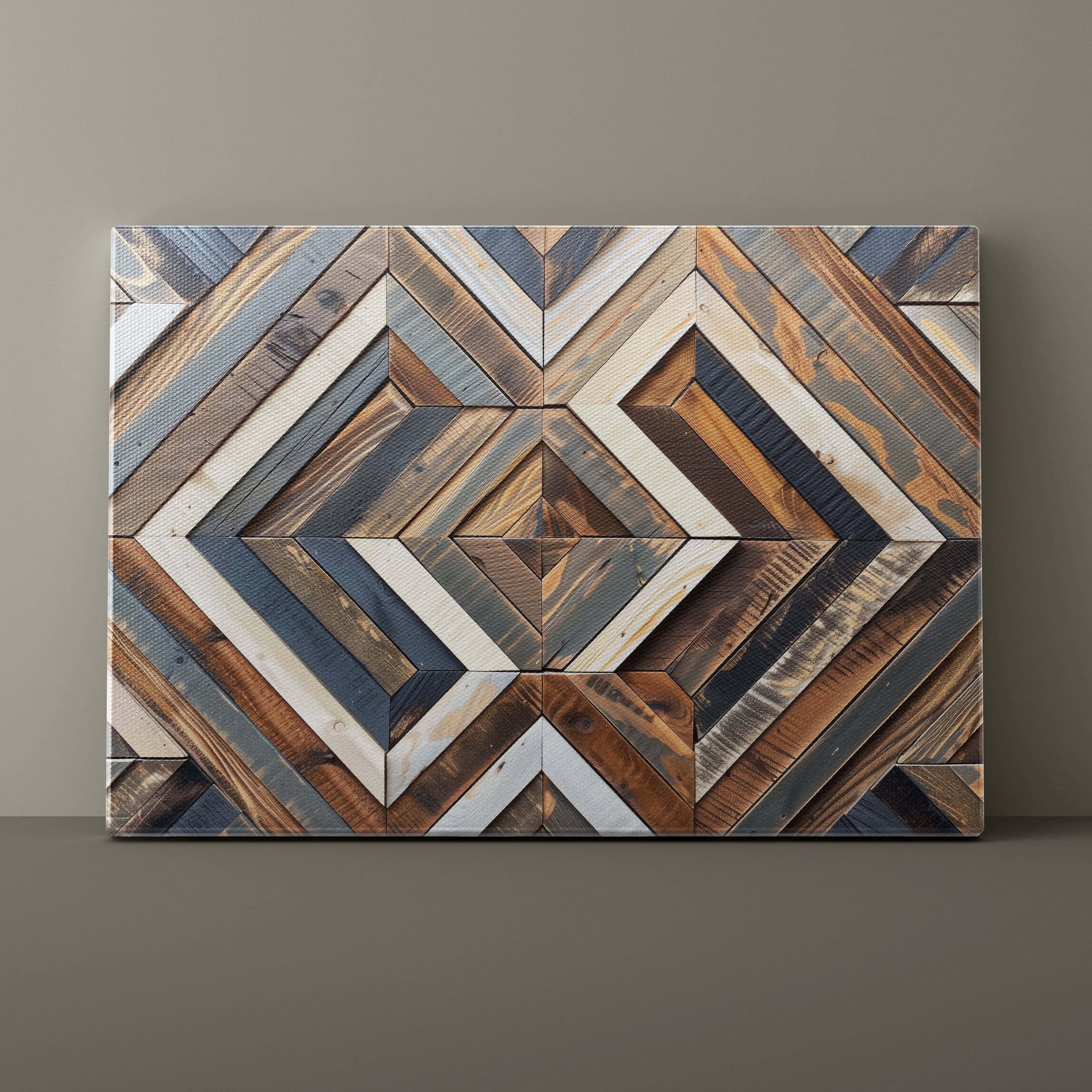Geometric wooden wall art on a plain background