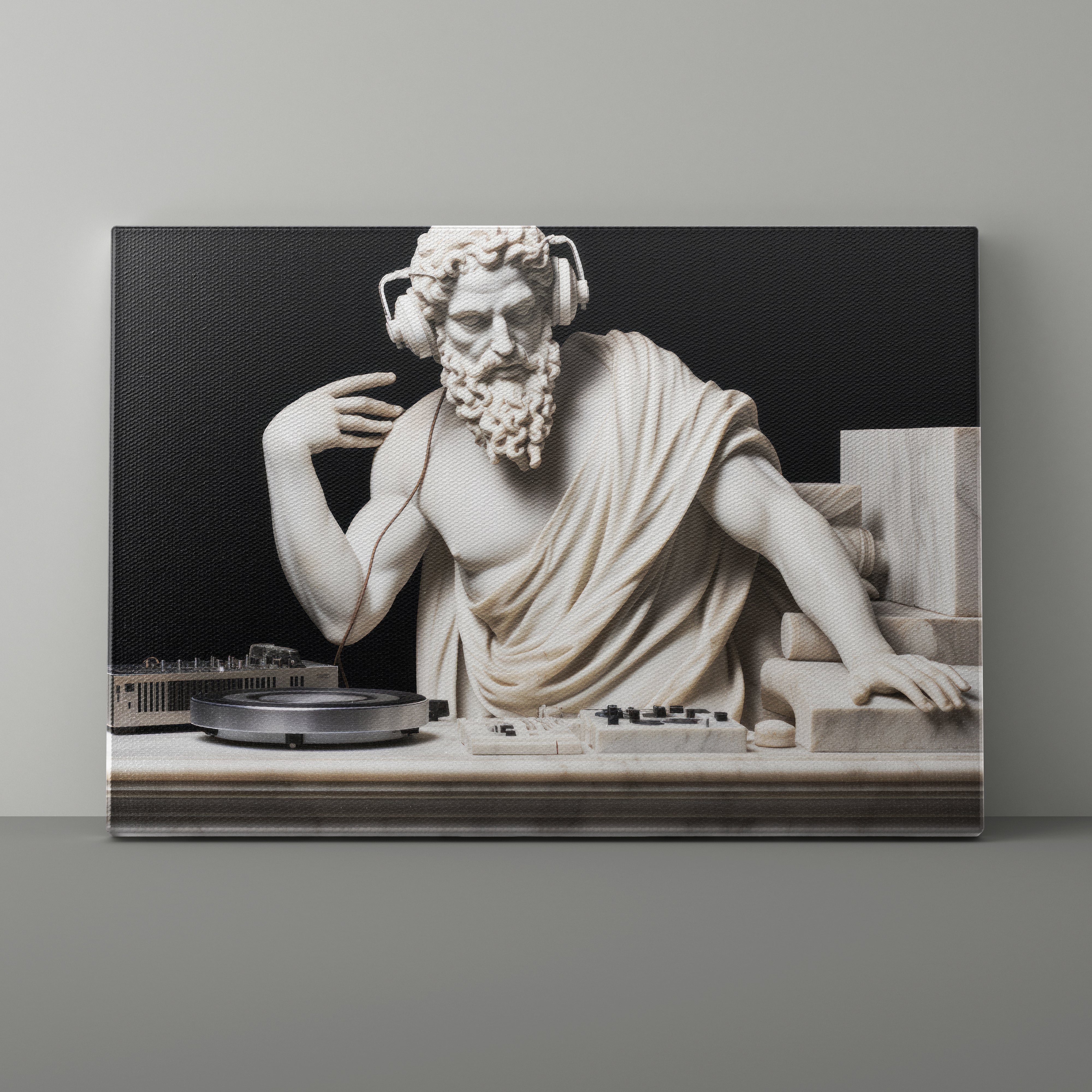 Statue of a bearded man with headphones and turntables on a black background