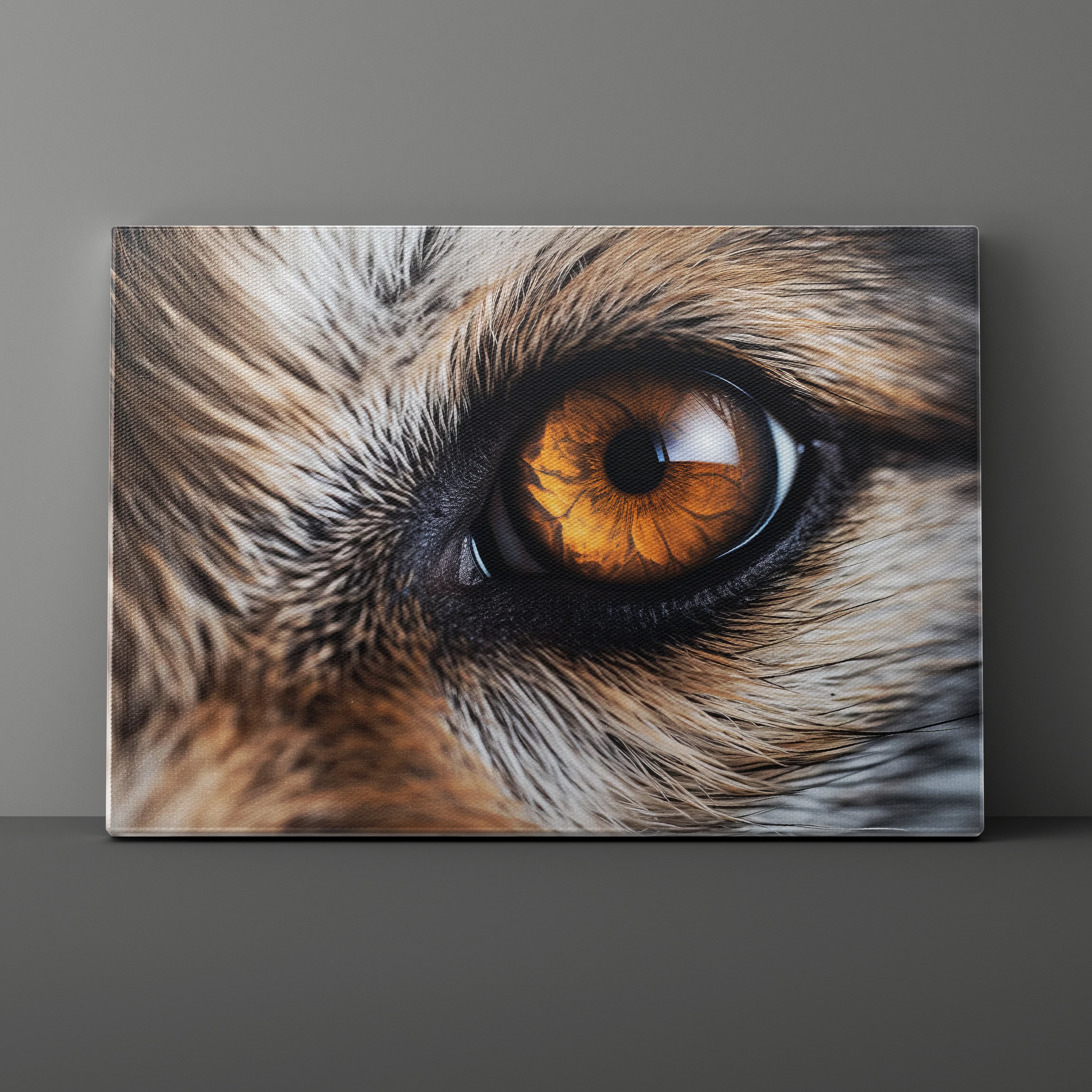 Close-up of a wolf's eye on a gray background