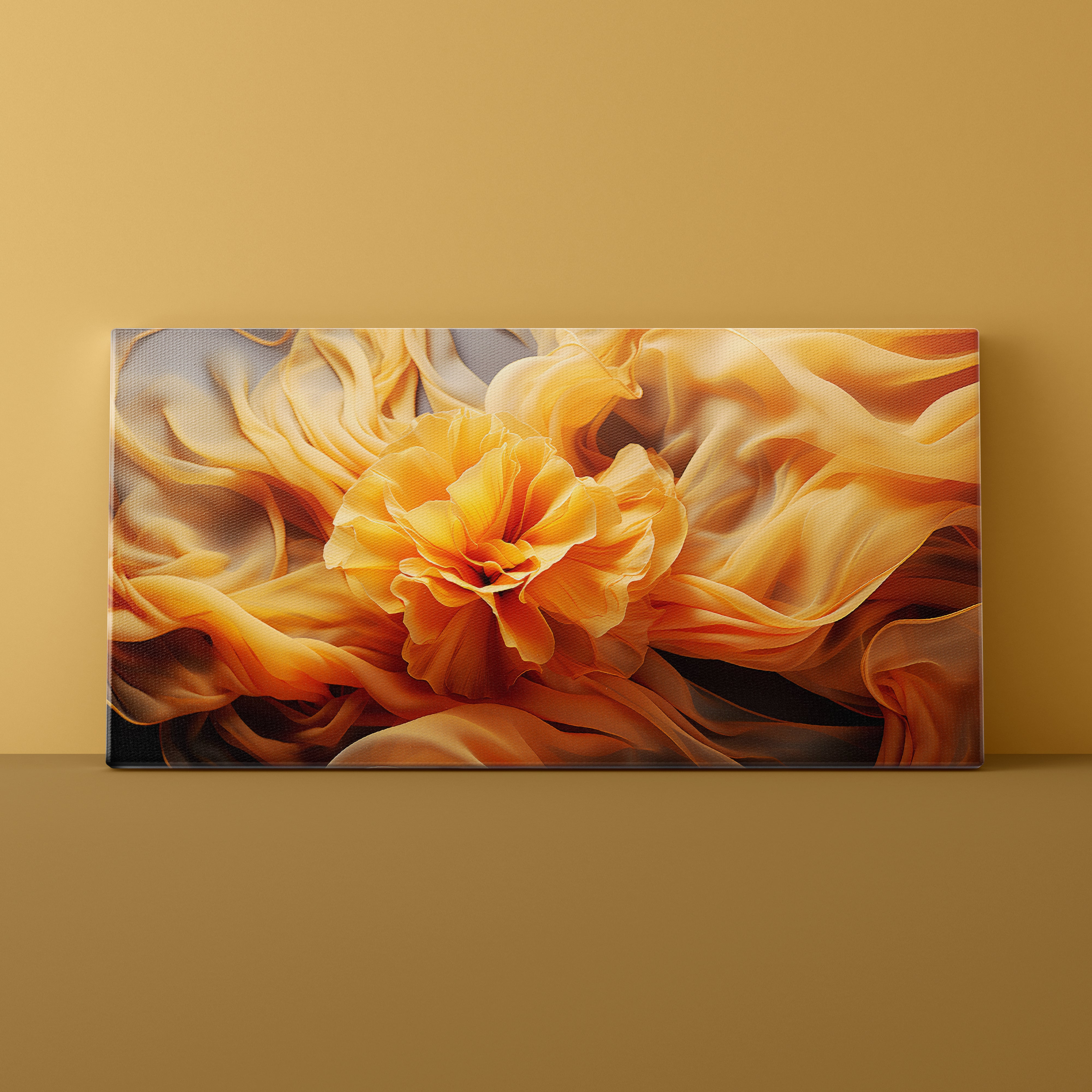 Abstract art piece with swirling orange and yellow colors on a beige wall.