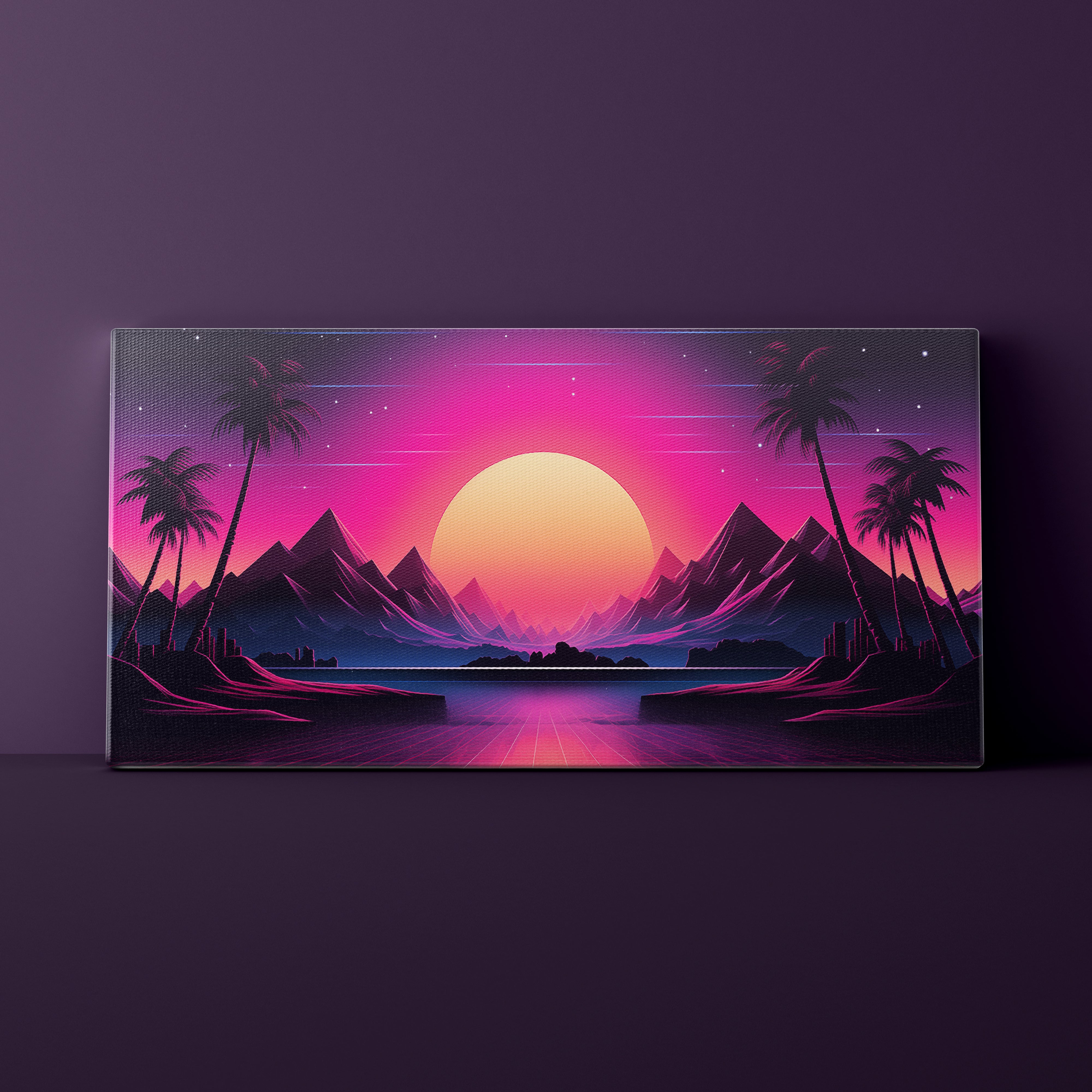 Canvas print of a futuristic sunset landscape with mountains and palm trees on a dark purple background.