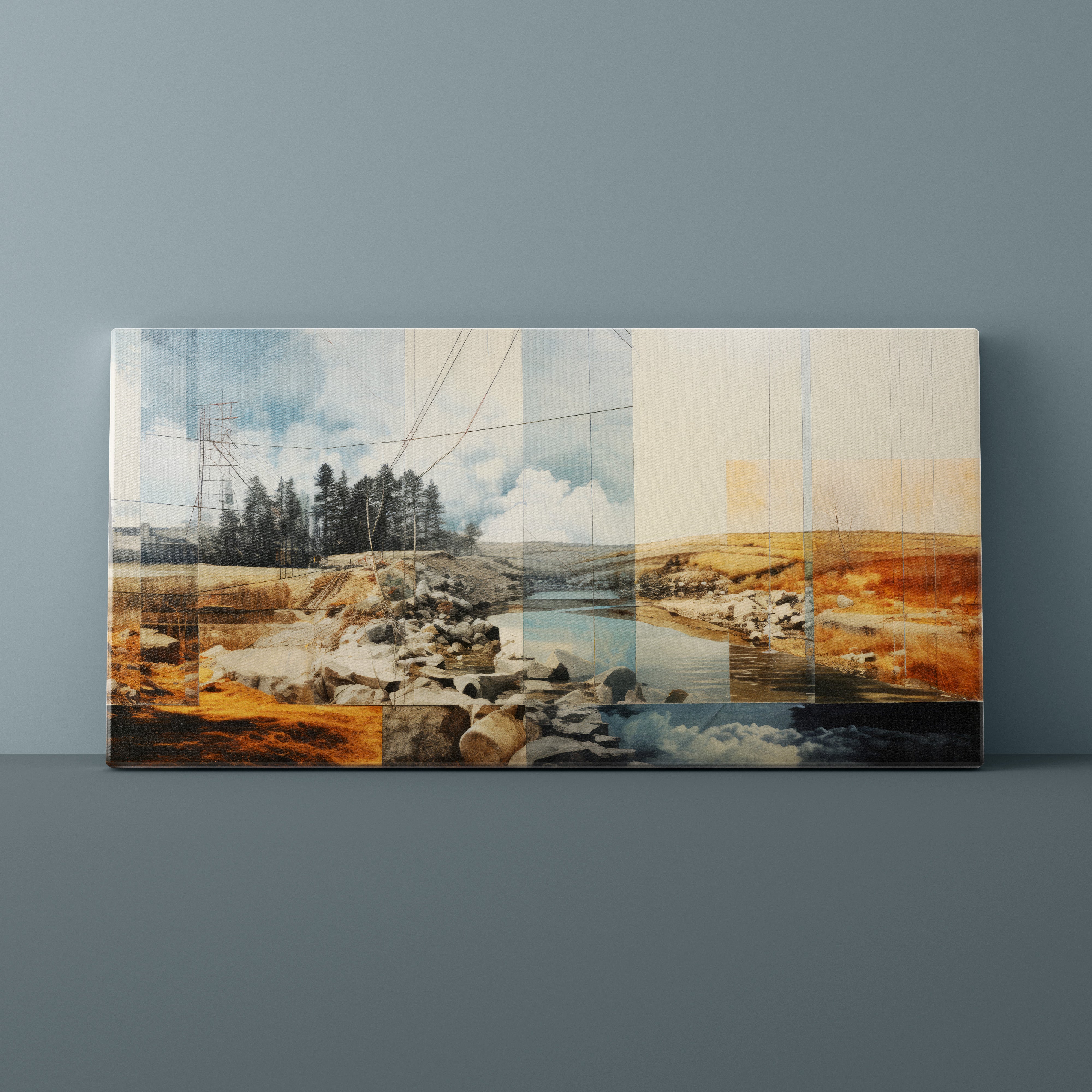 Collage of landscapes on a wall with a gray background