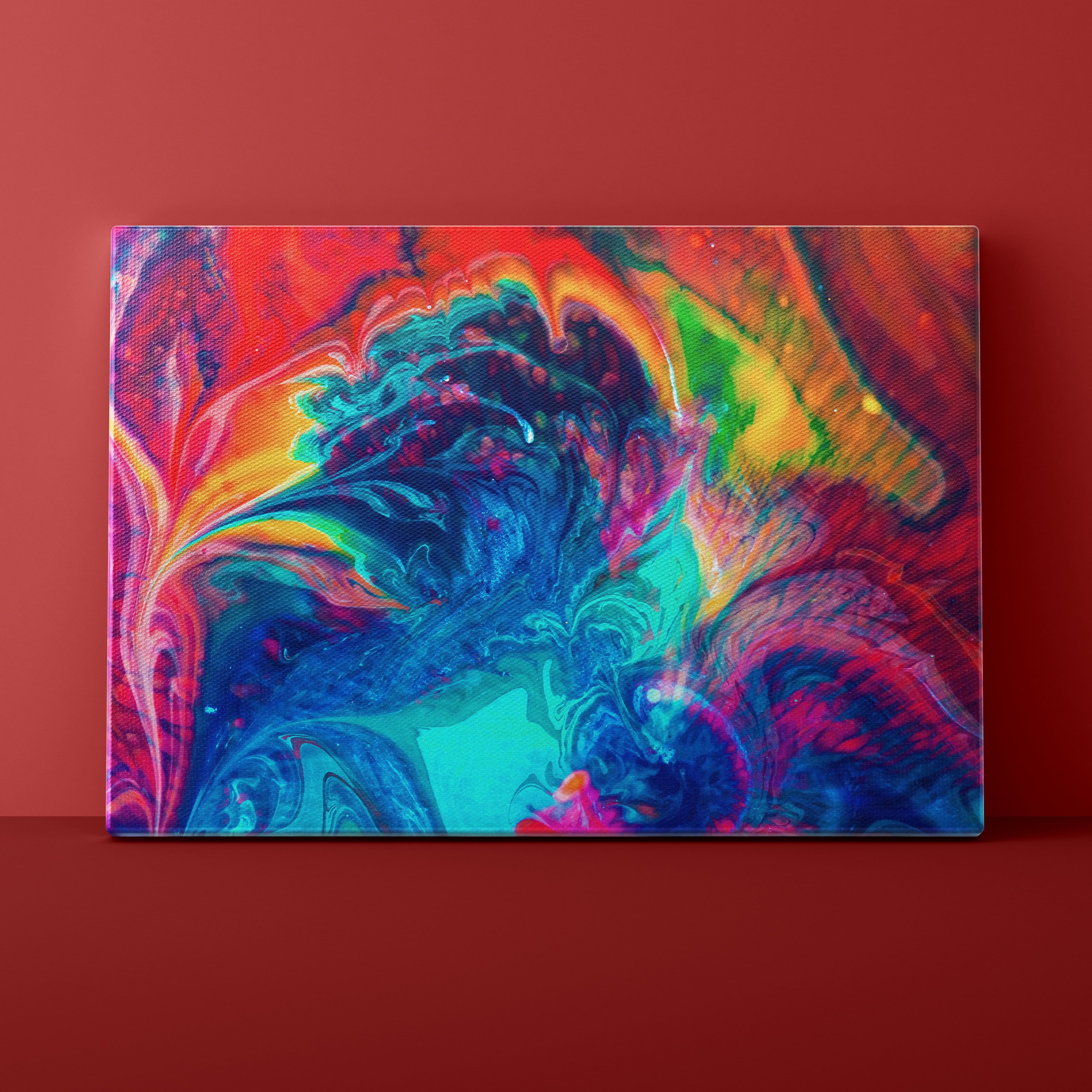Colorful abstract painting on a red background