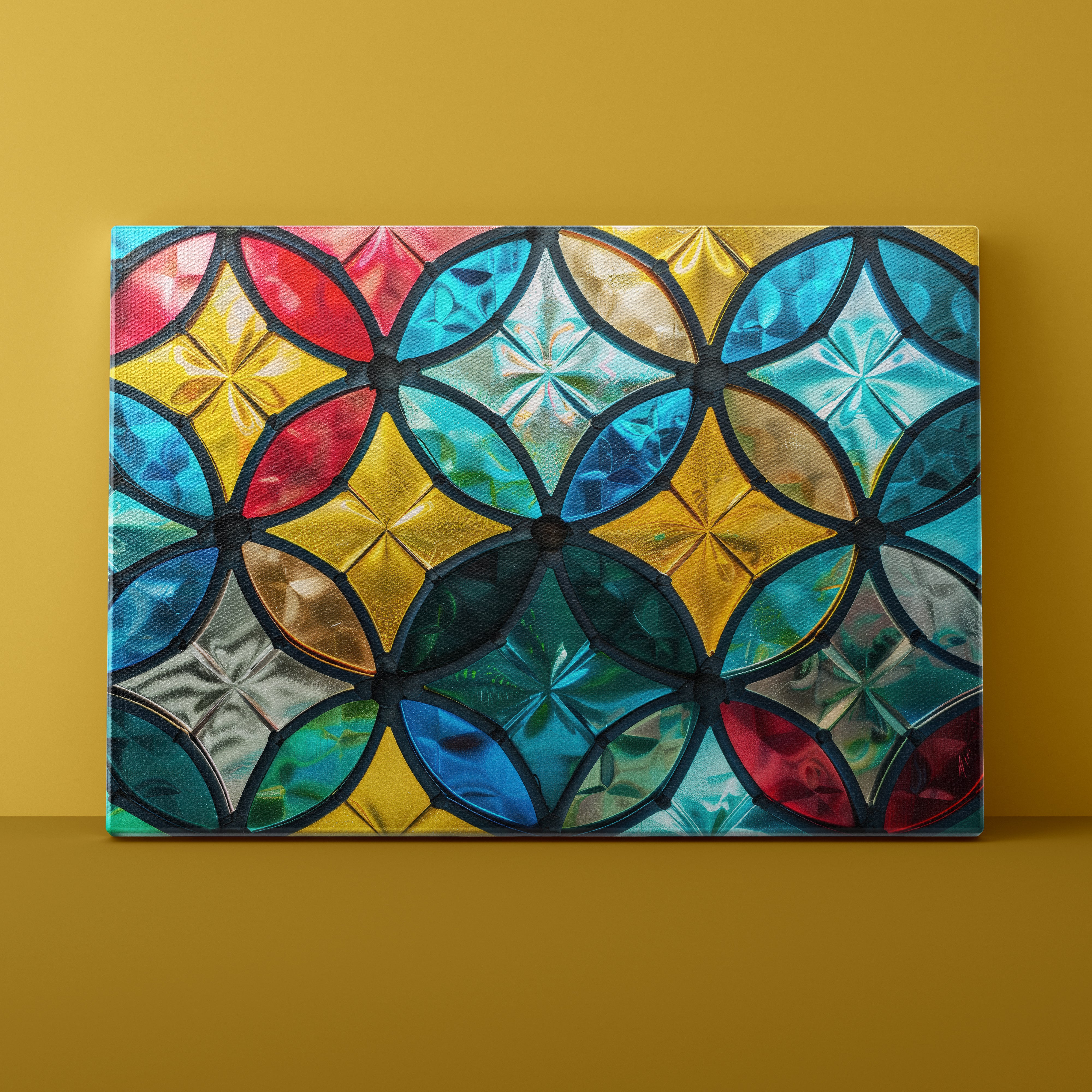 Colorful geometric patterned tile on a yellow background