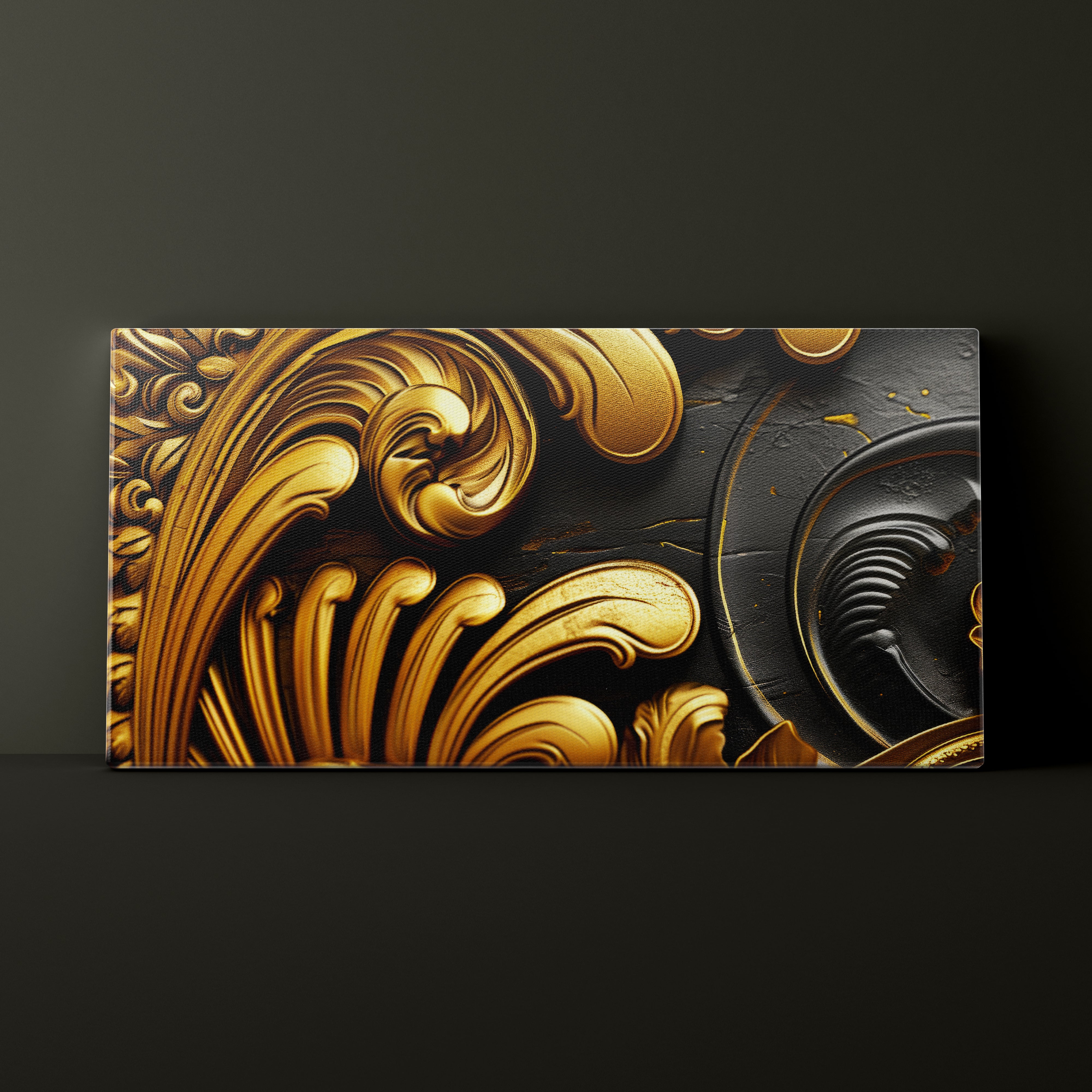 Decorative panel with gold and black intricate design on a dark background