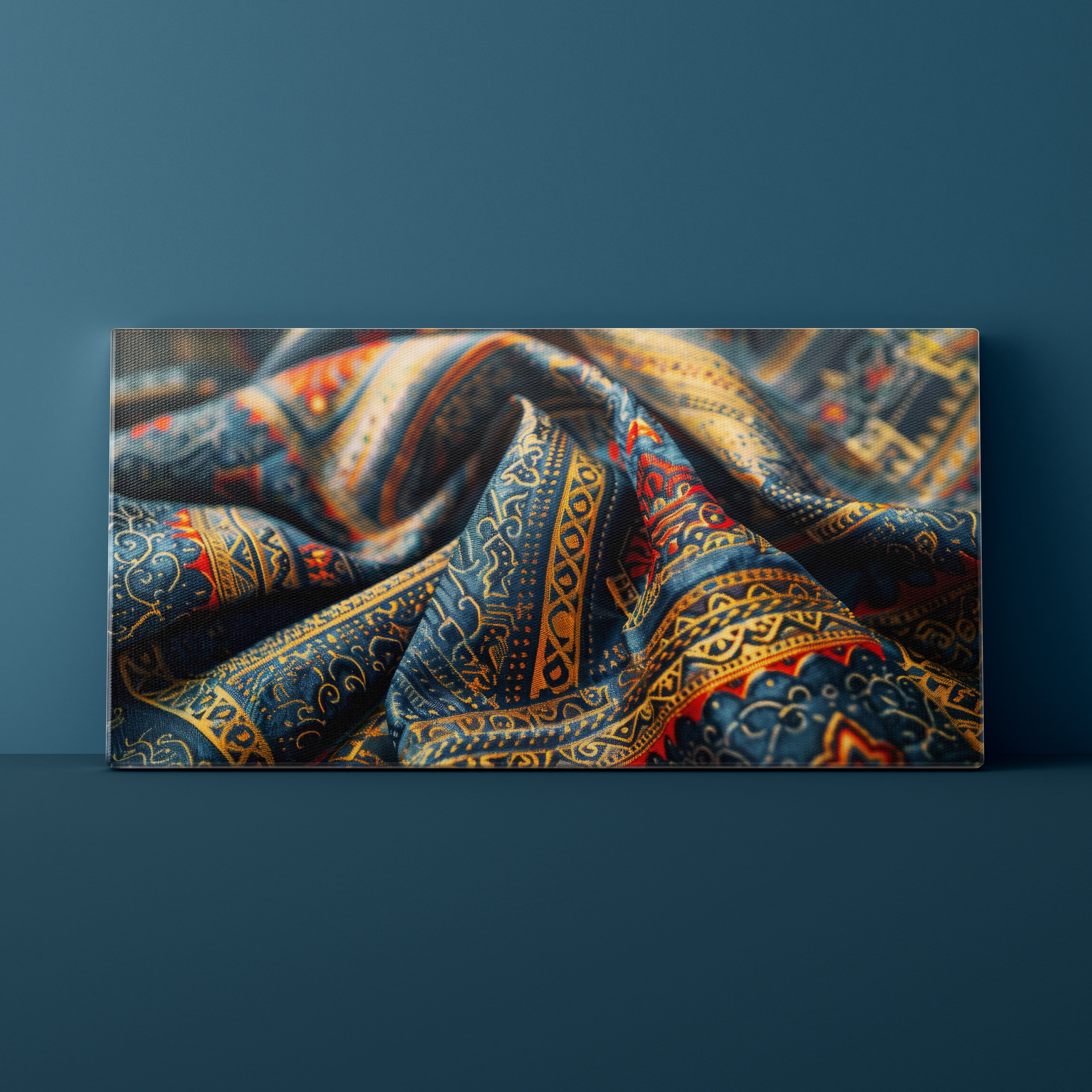 Decorative fabric with intricate patterns on a dark blue background