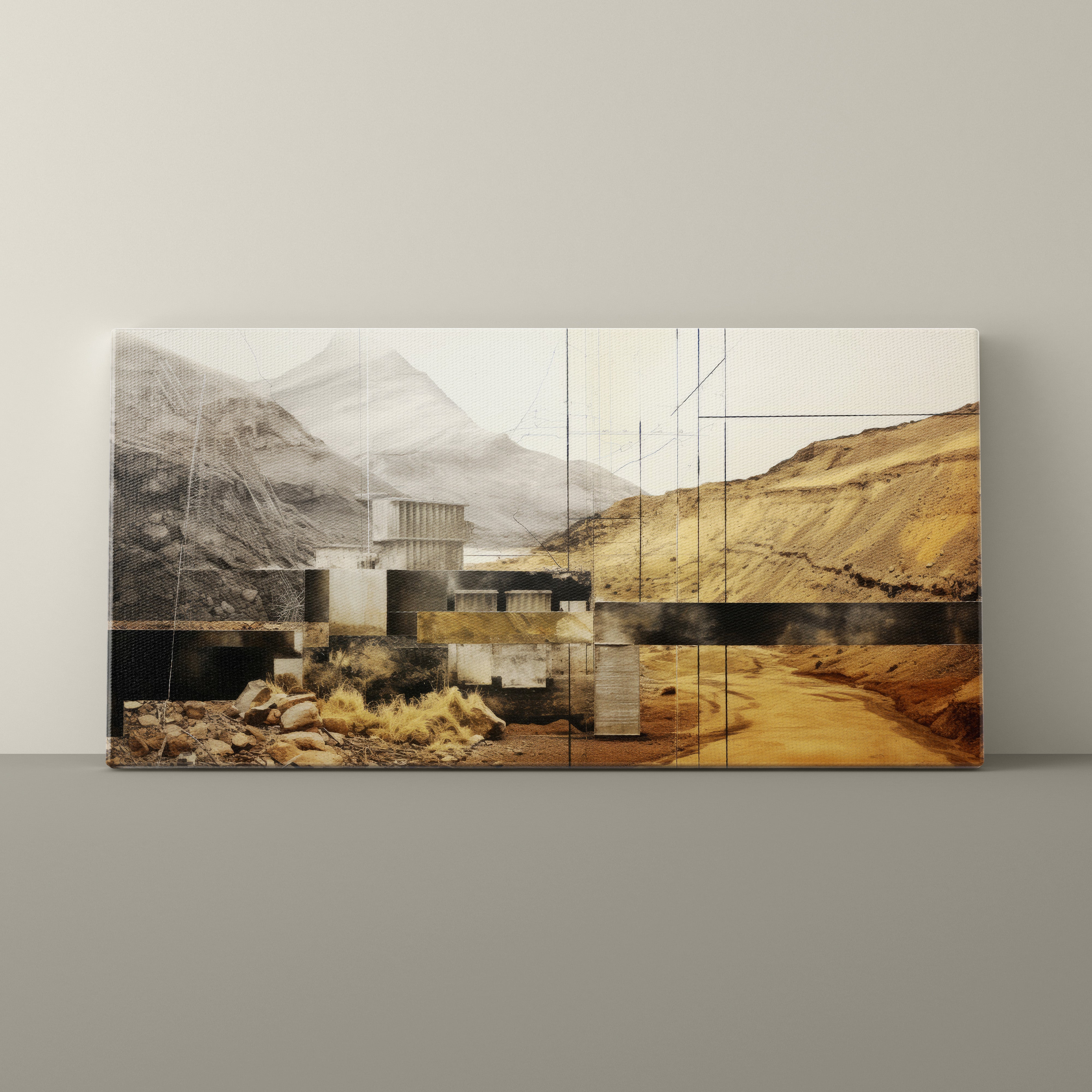Multiframe artwork of a mountainous landscape with a dam on a gray wall.