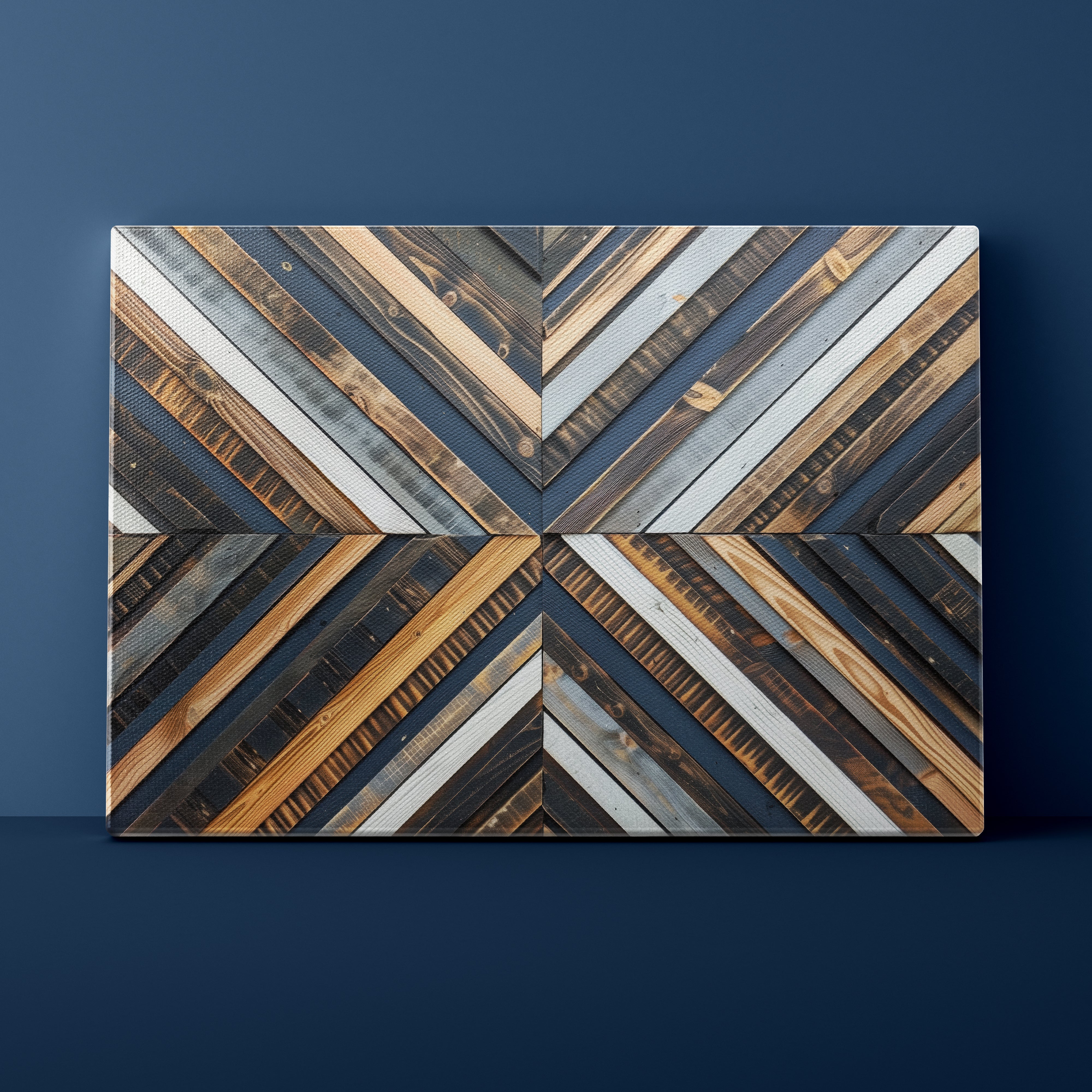Wooden wall art with a geometric pattern on a dark blue background