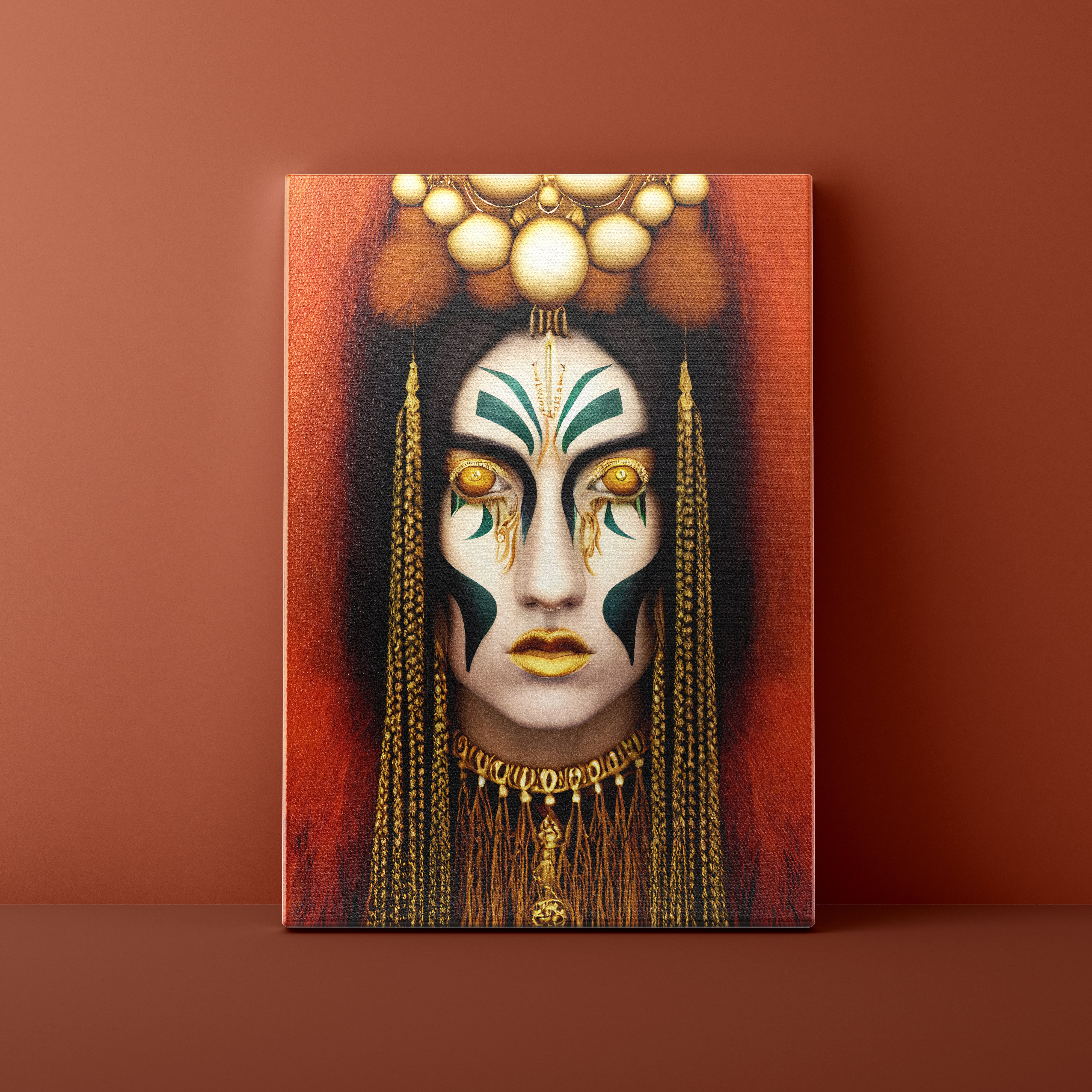 Canvas print of a stylized portrait with intricate makeup and accessories on a brown background