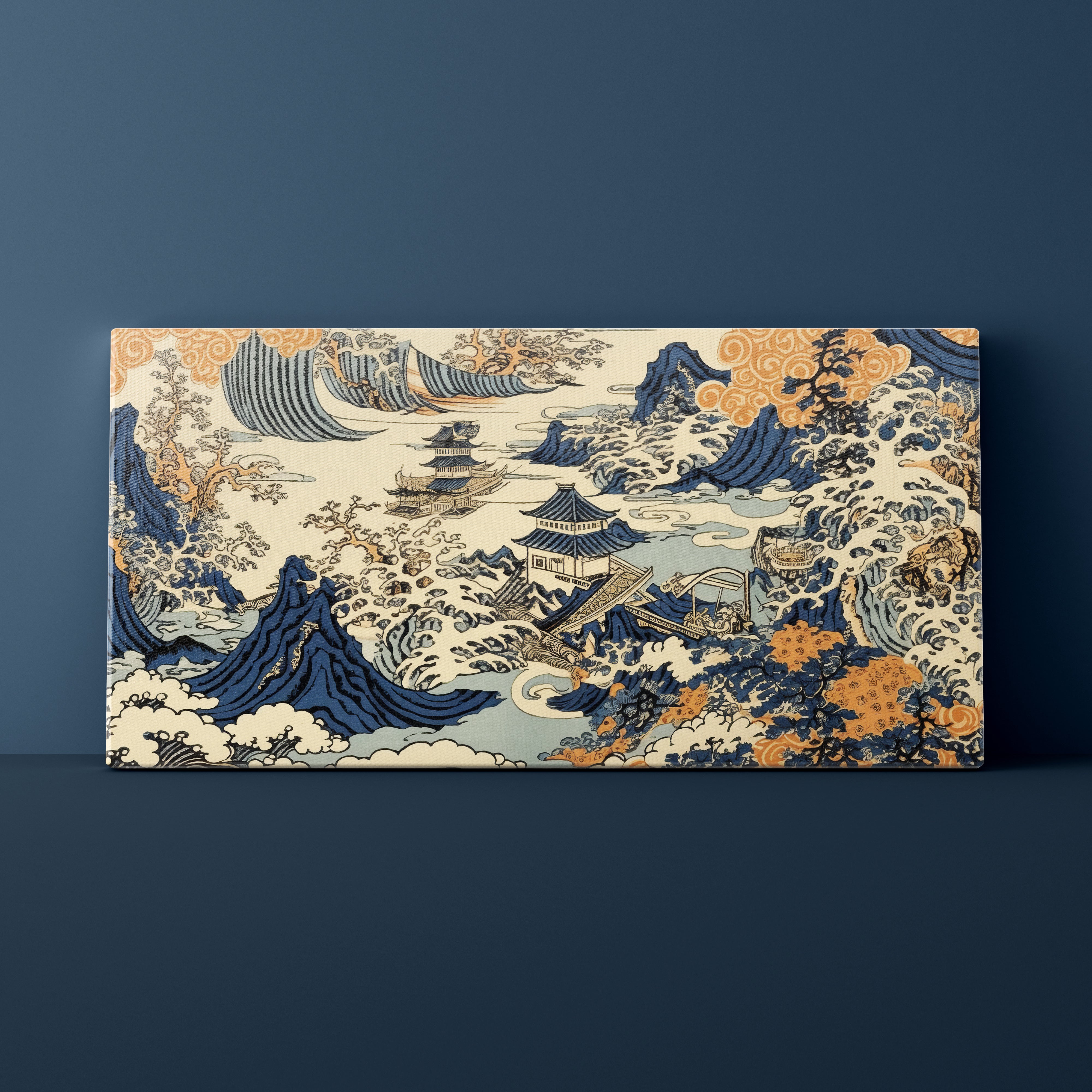 Decorative panel with traditional Japanese landscape design on a dark blue background