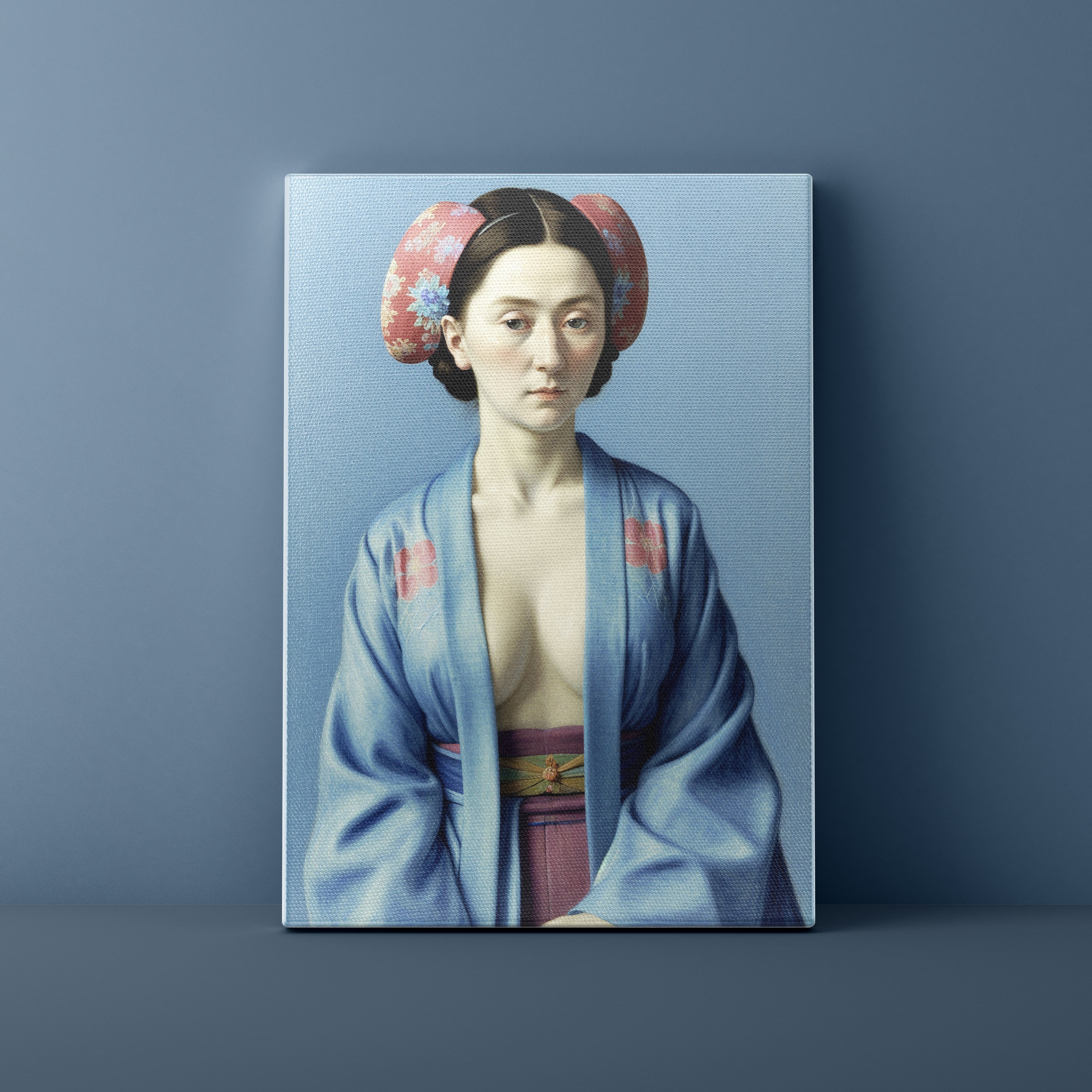 Portrait of a woman in traditional attire on a blue background