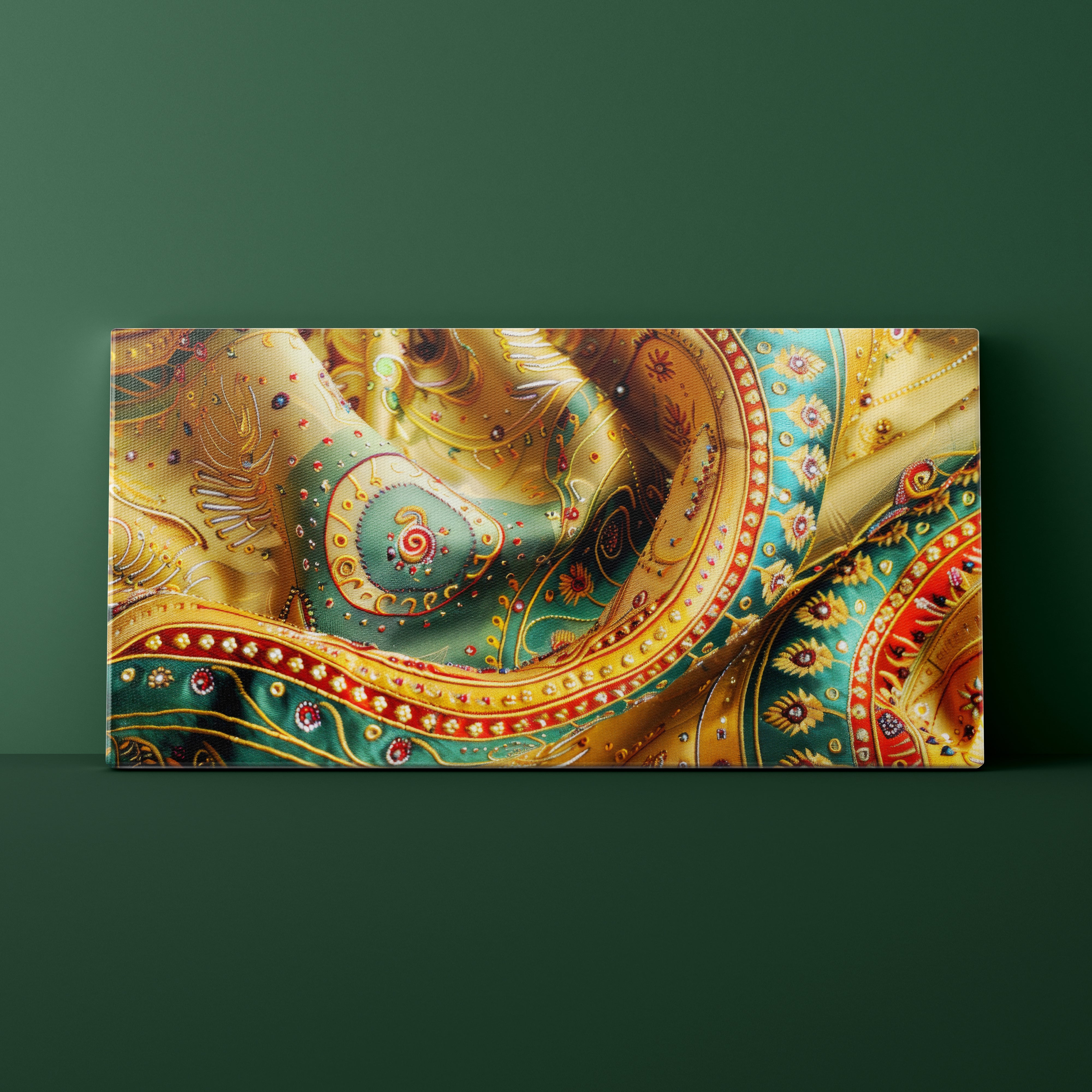 Decorative wall art with intricate patterns on a green background