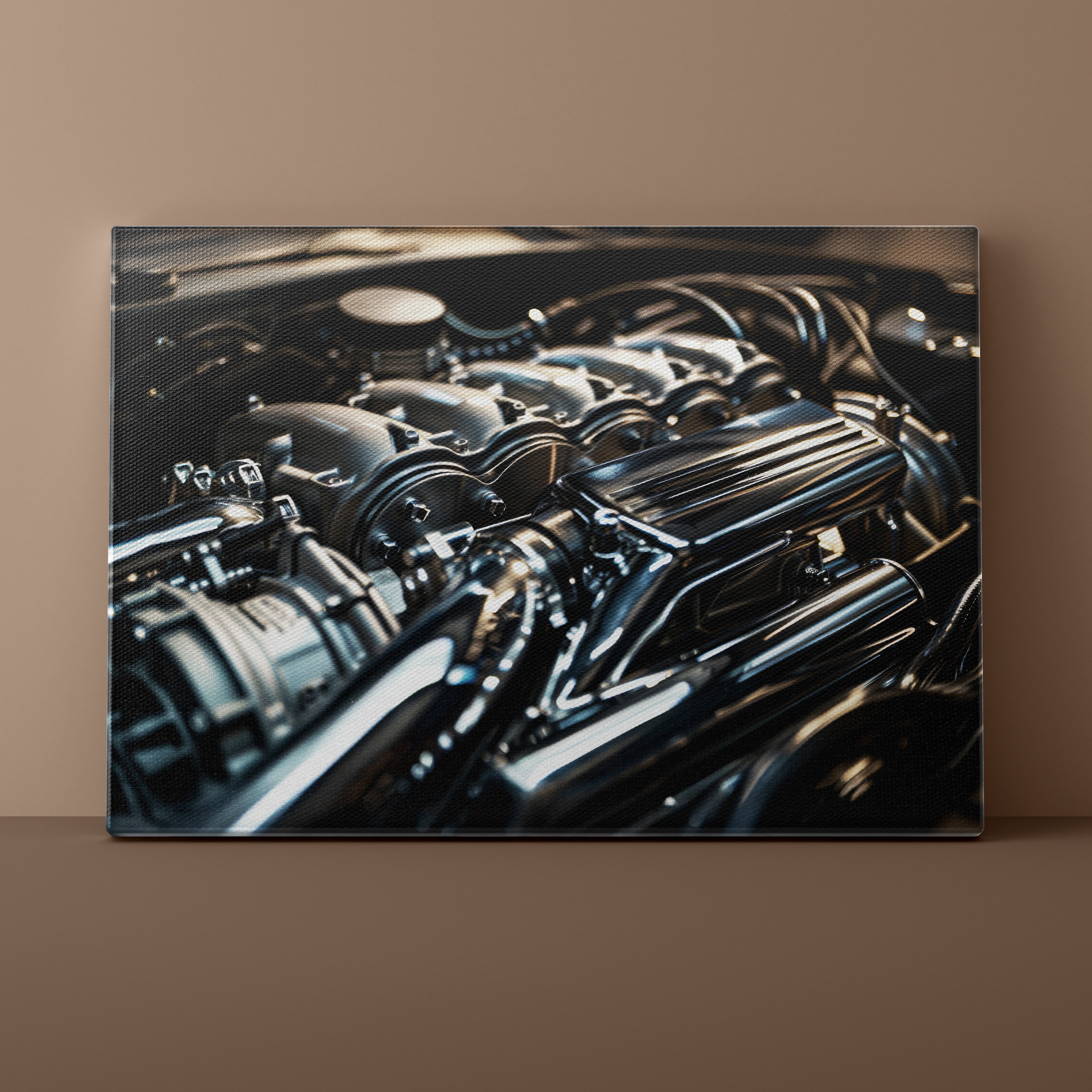 Close-up of a car engine on a brown background