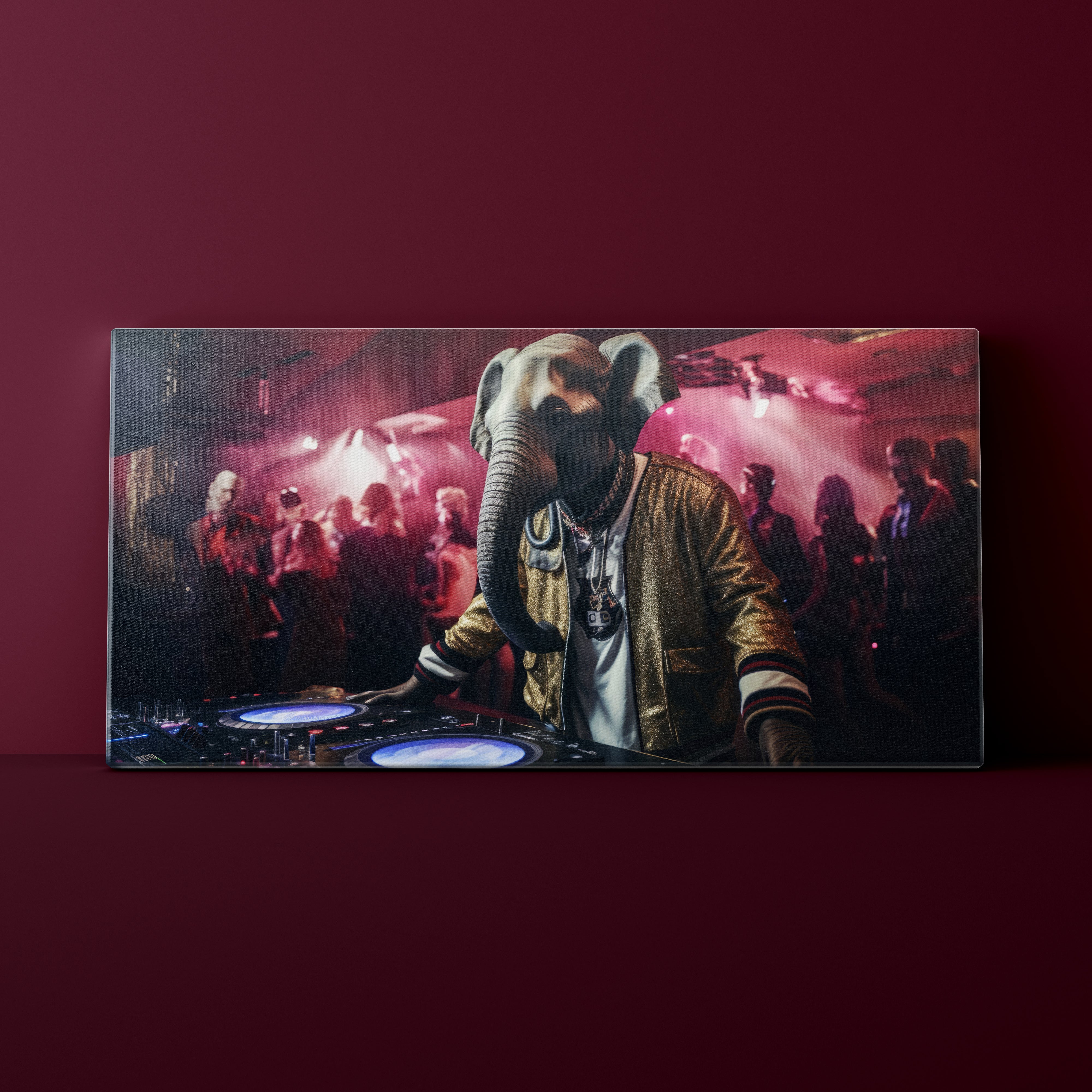 Elephant DJing at a club with people in the background on a dark red background