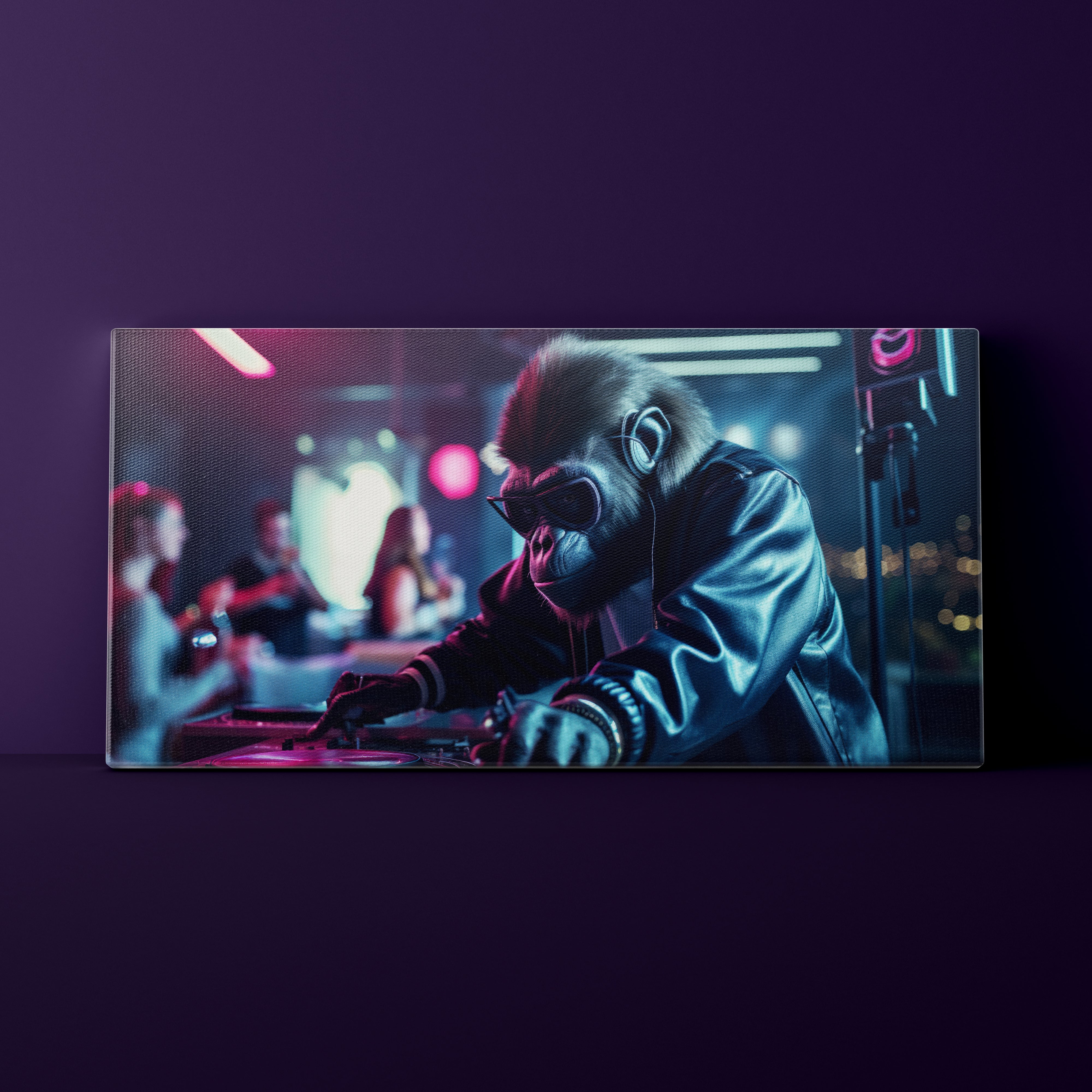 Gorilla wearing sunglasses in a neon-lit room