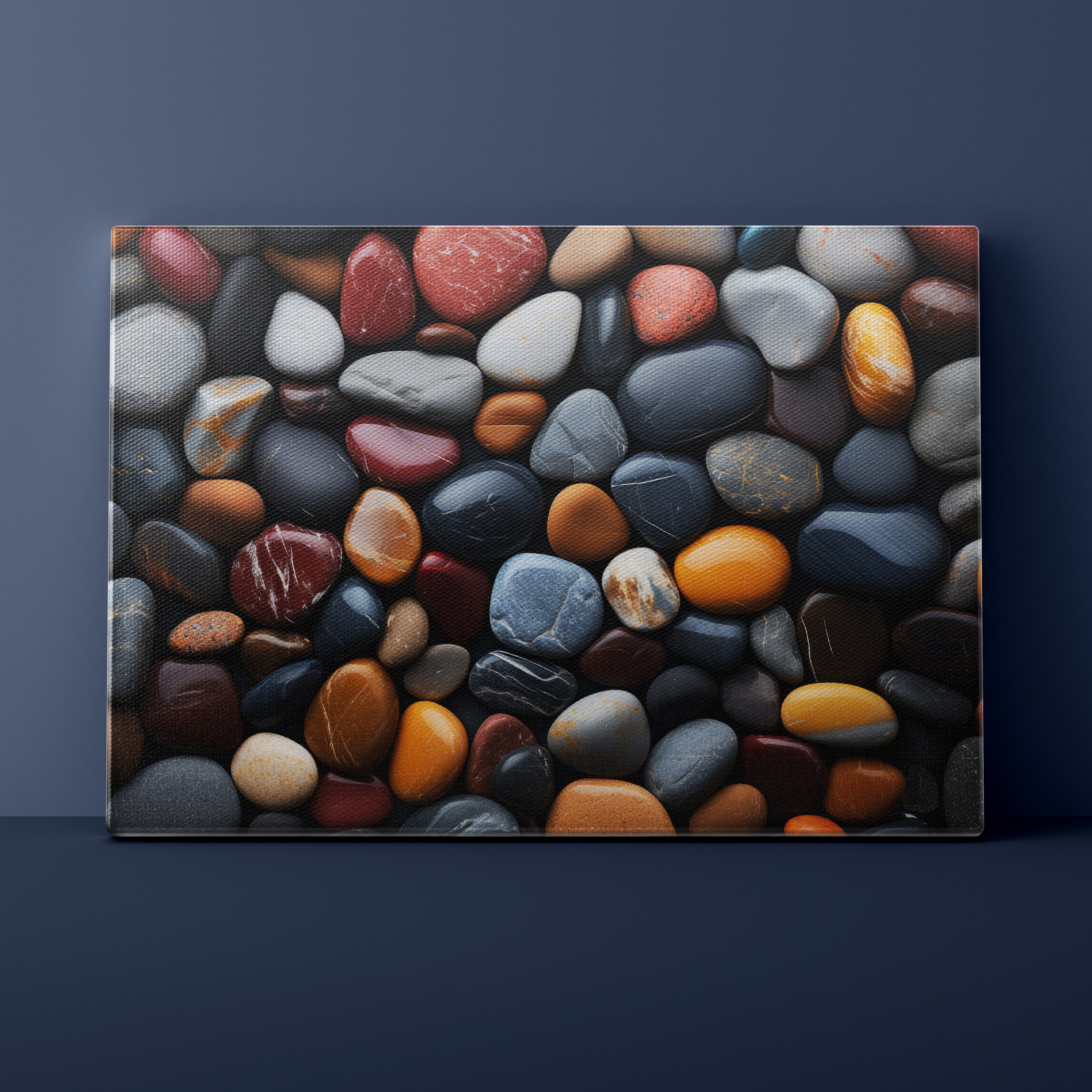 Canvas print of multicolored pebbles against a dark blue background