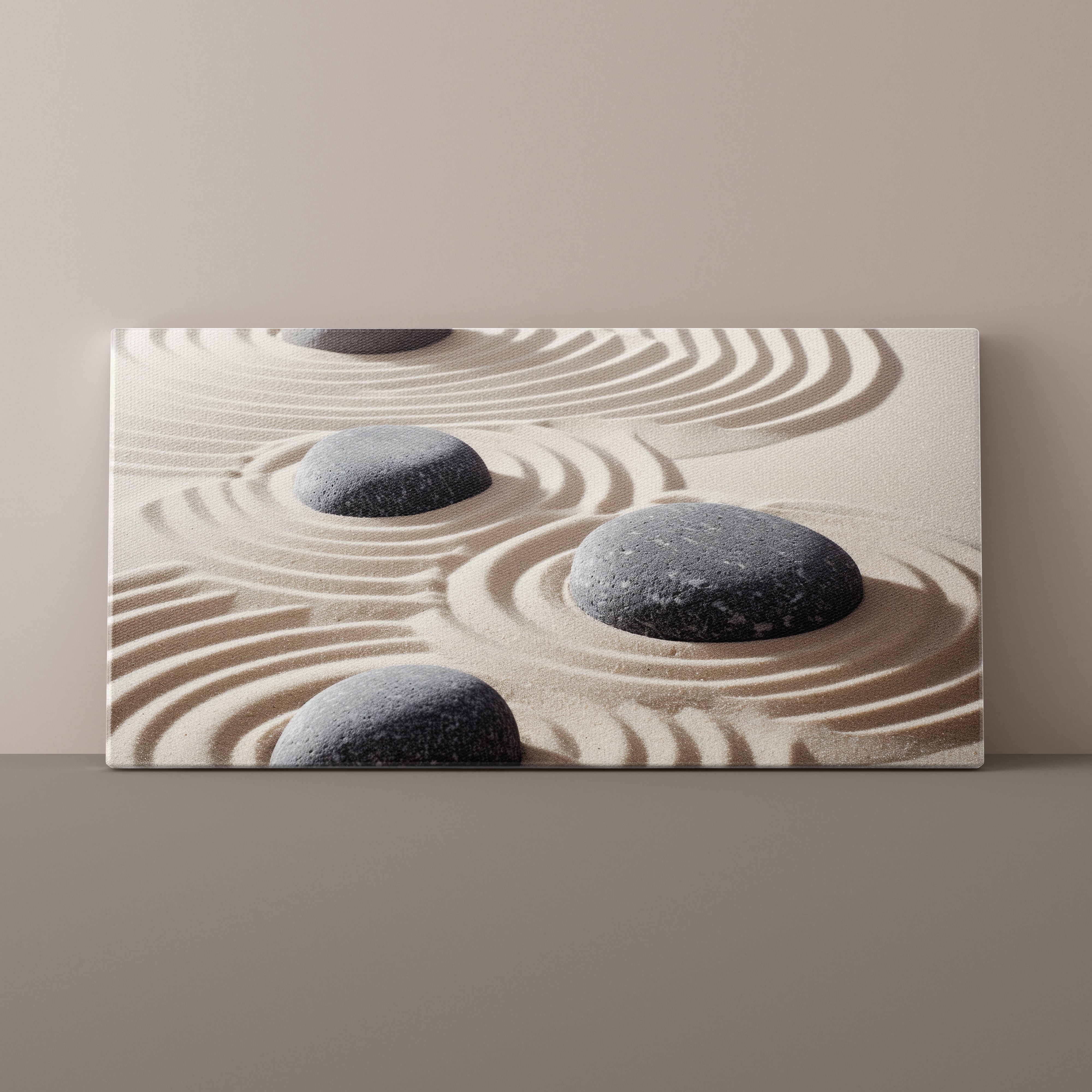 Japanese Zen garden wall art, canvas print, minimalist décor, stone garden art, Japanese aesthetic, meditation room décor, wabi-sabi, karesansui, mindfulness wall art, modern Japanese décor, calming artwork.