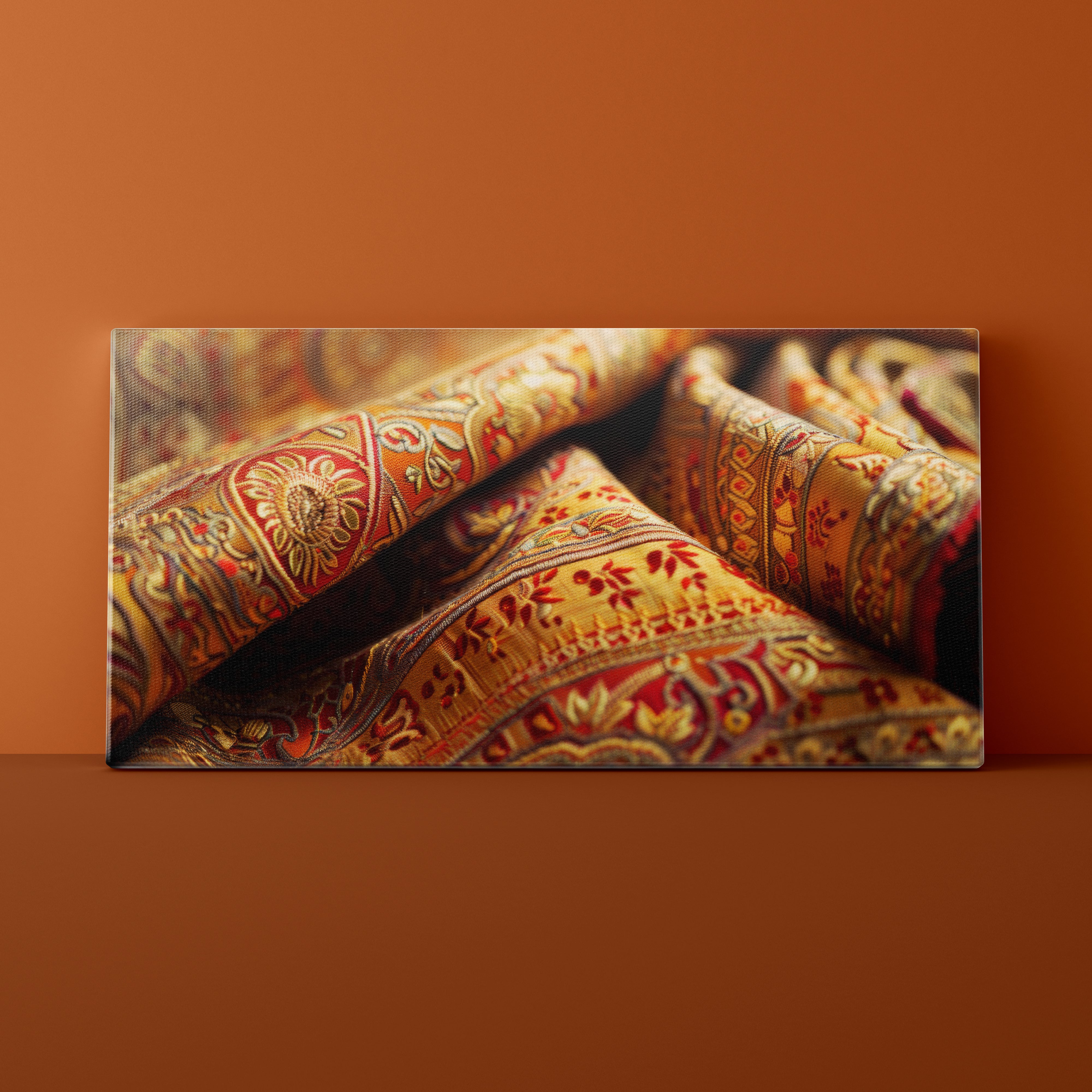 Decorative pillow with intricate patterns on a brown background