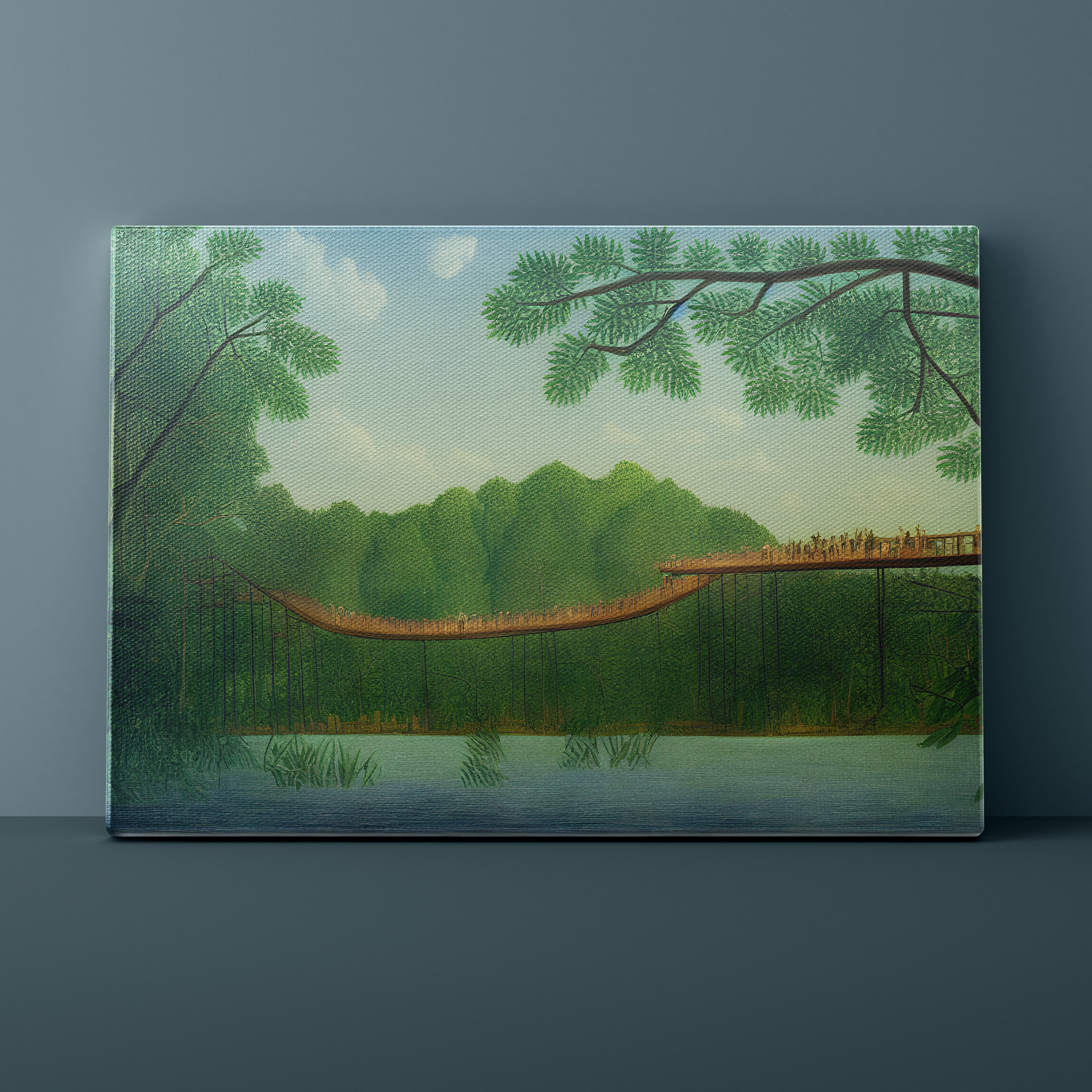 Bridge over water with lush greenery and trees in the background