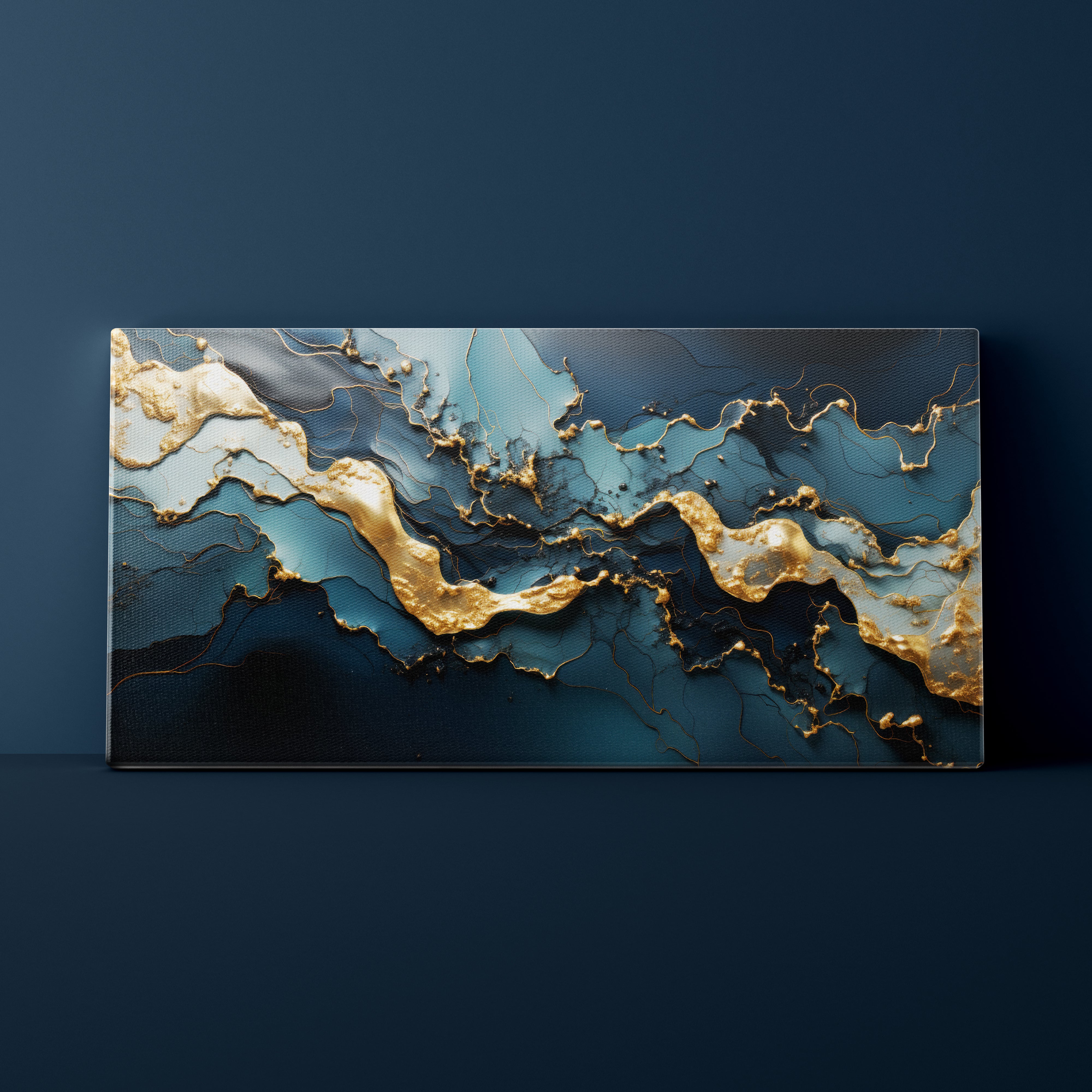Abstract art piece with gold and blue patterns on a dark background