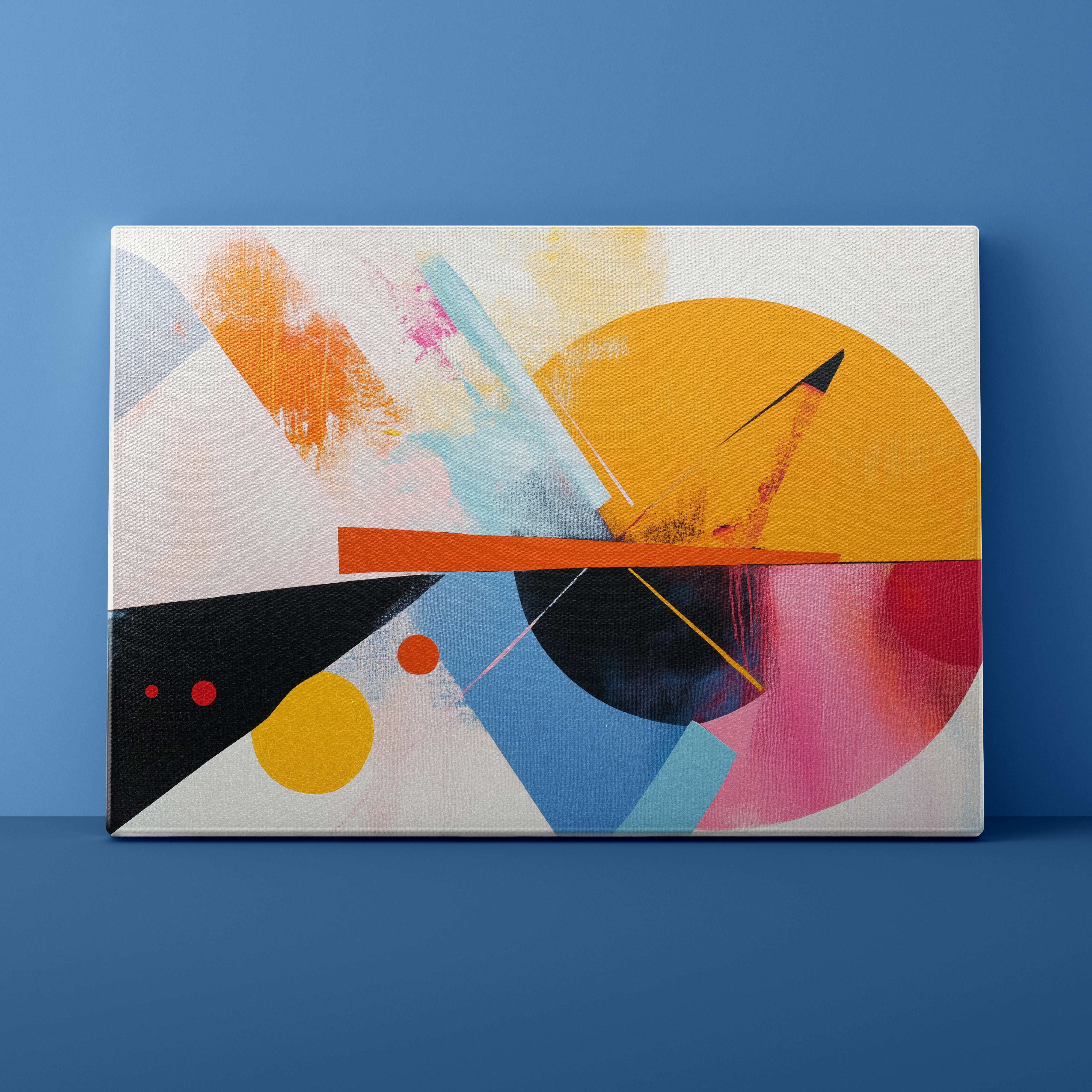 Abstract art canvas with colorful geometric shapes on a blue background