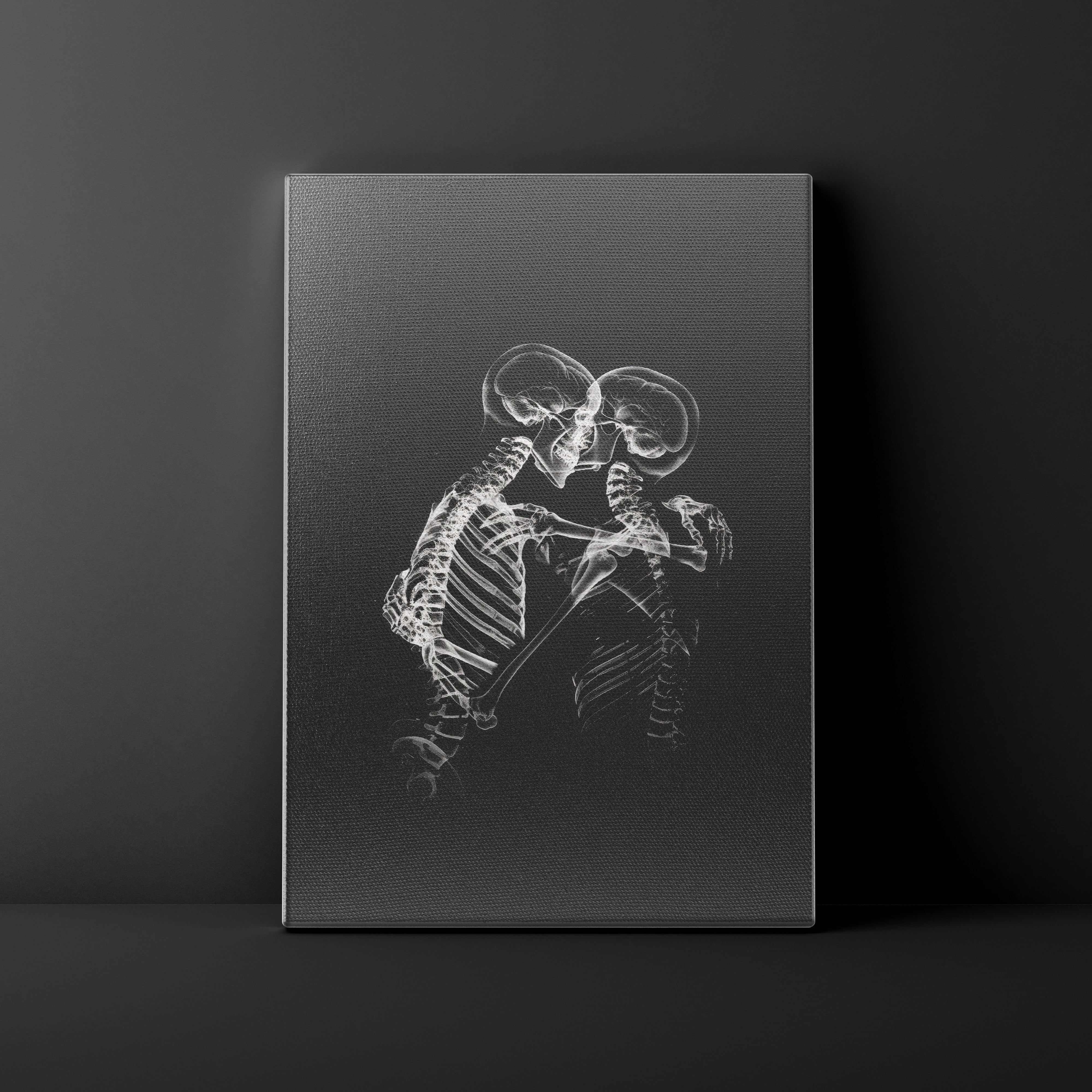 Canvas print with a white skeleton design on a black background