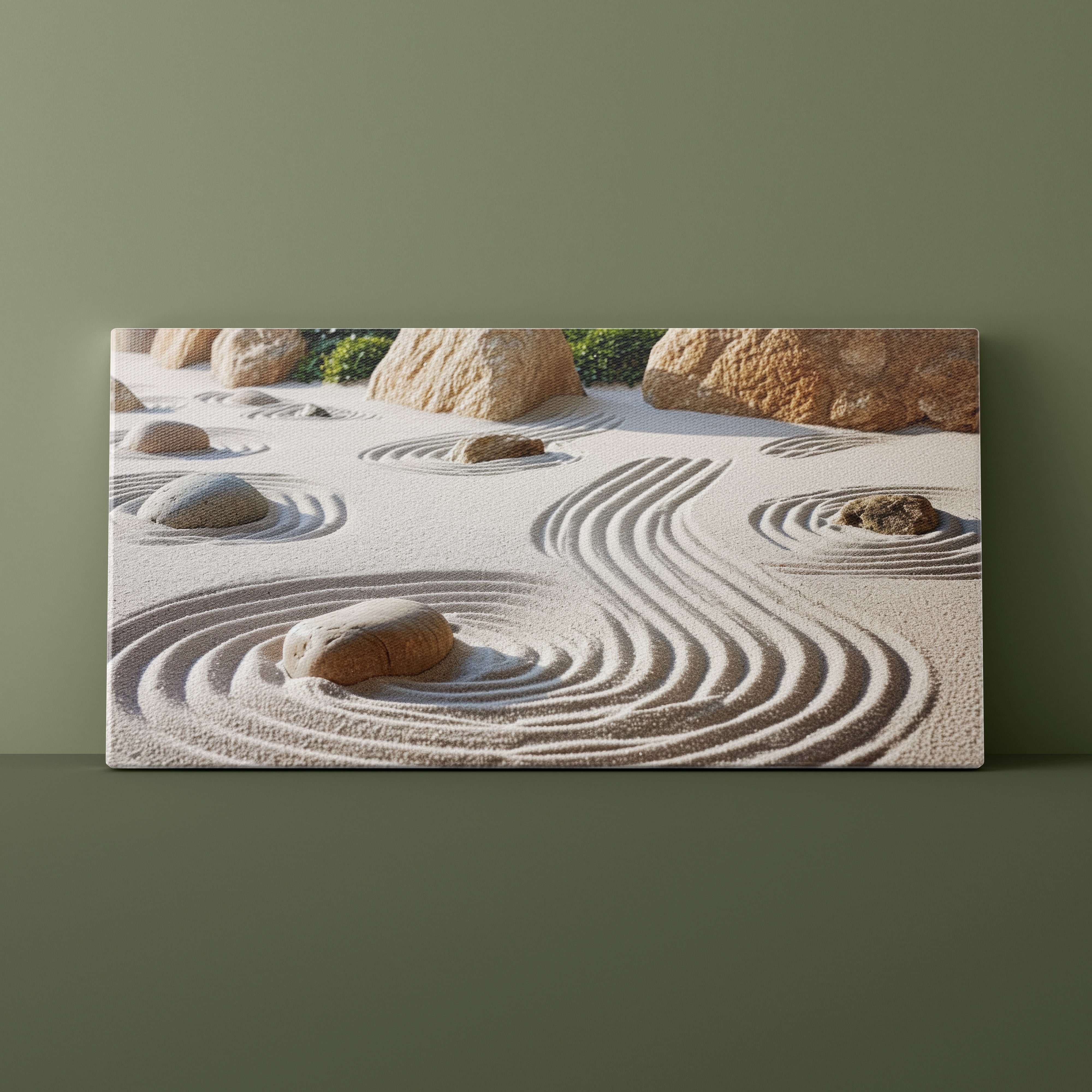 Canvas print of a zen garden with rocks and sand on a green wall