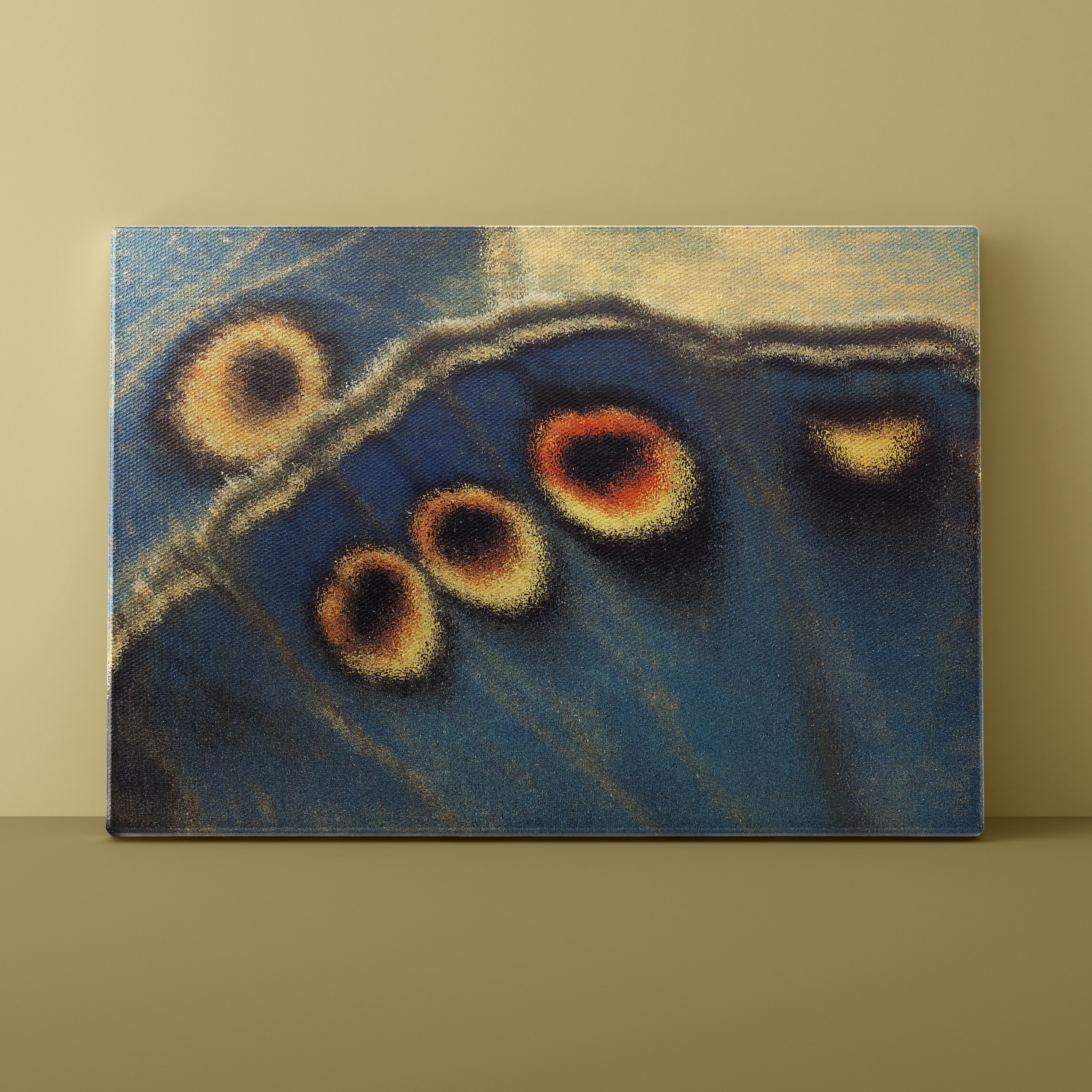 Abstract painting of a peacock feather with blue, orange, and yellow colors on a beige wall.
