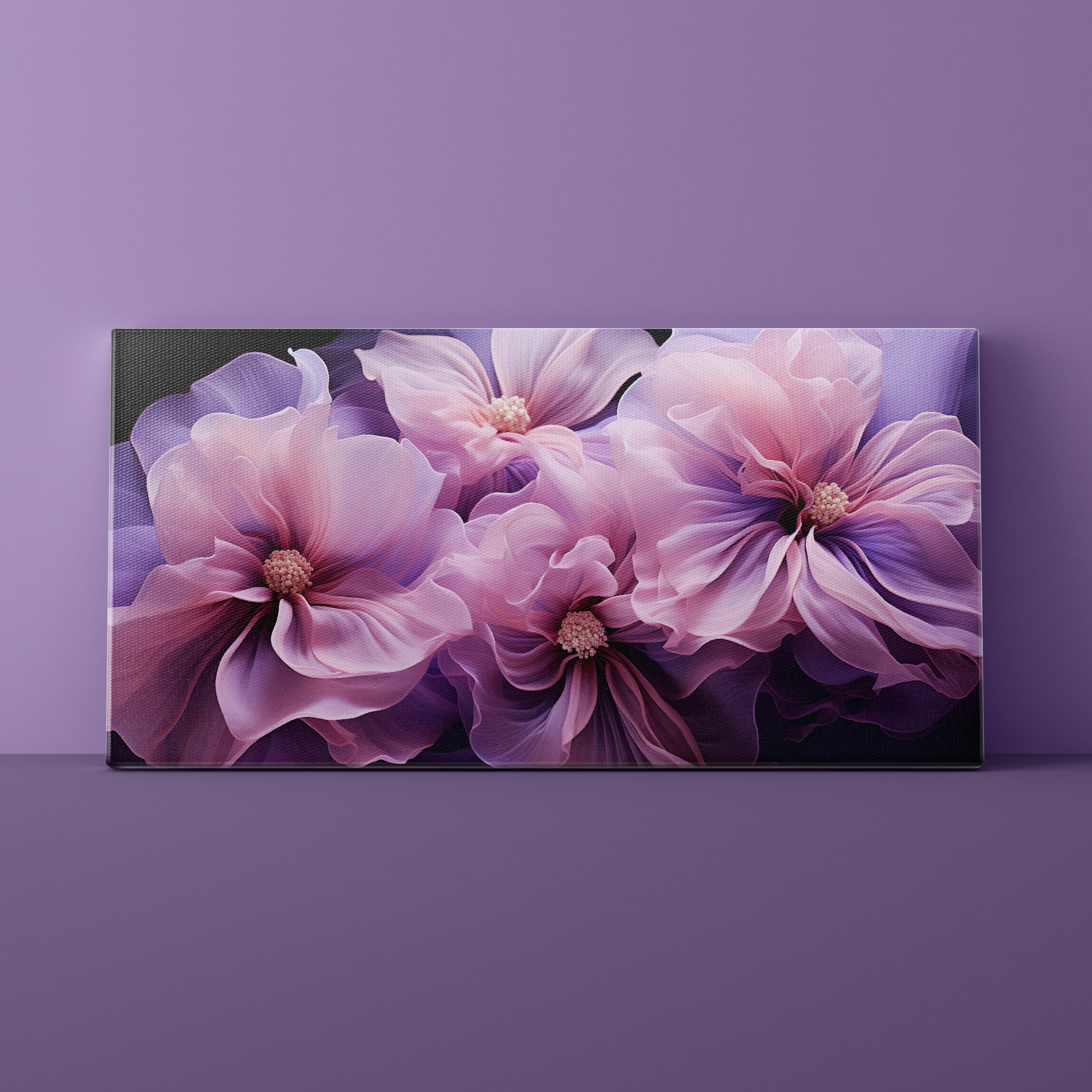 Floral painting with pink and purple flowers on a purple wall