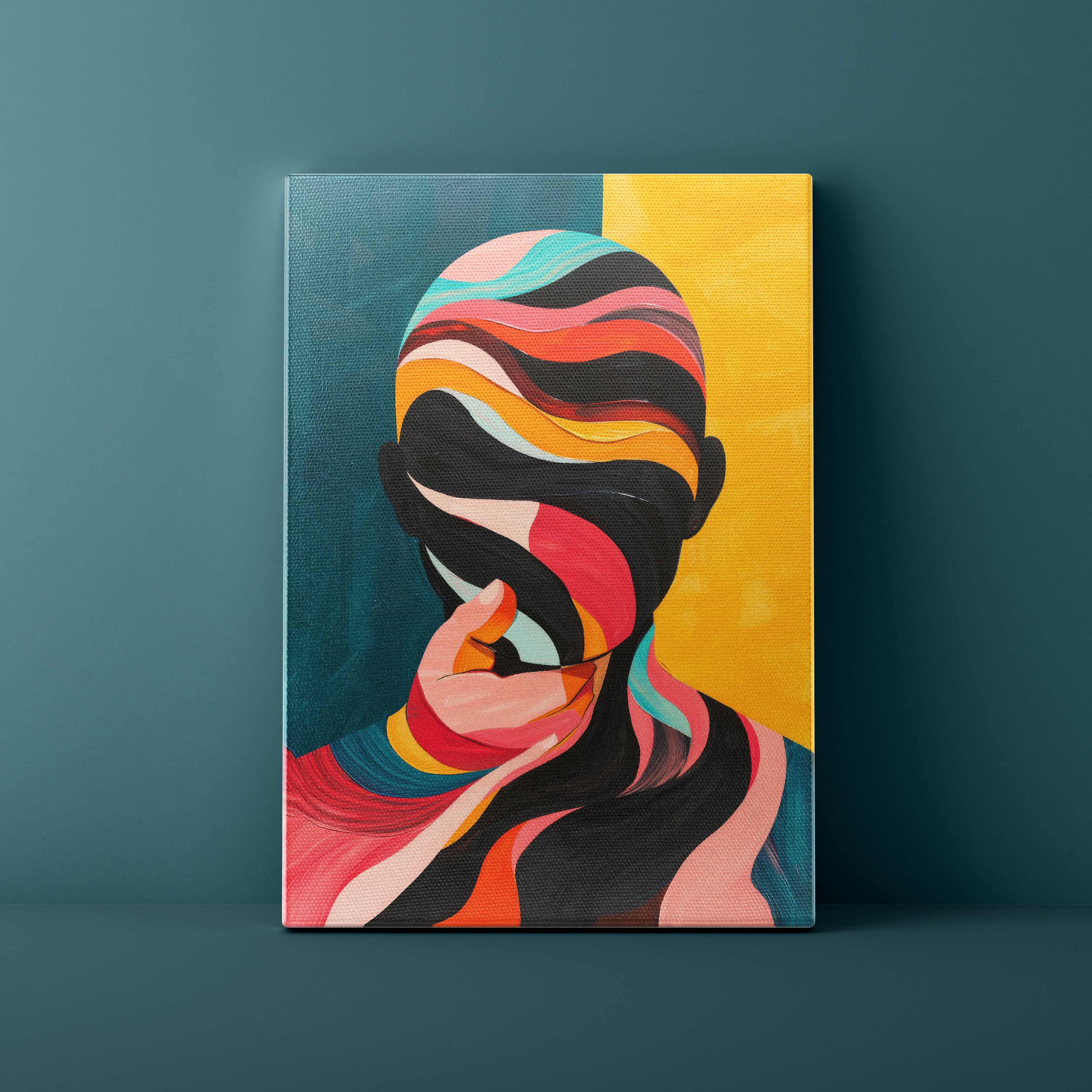 Colorful abstract art piece on a dark green background