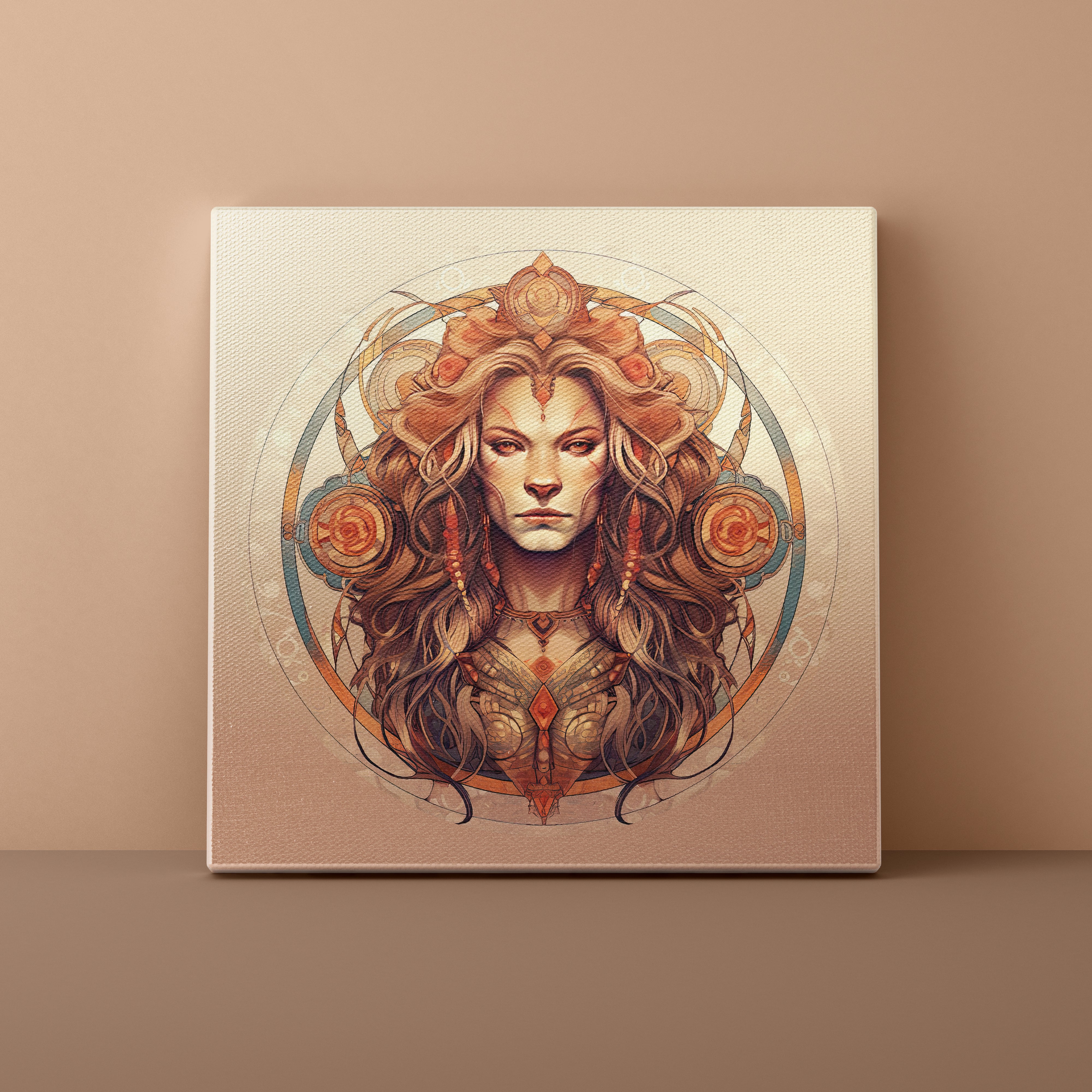 Canvas print of a stylized lion head with decorative elements on a beige background