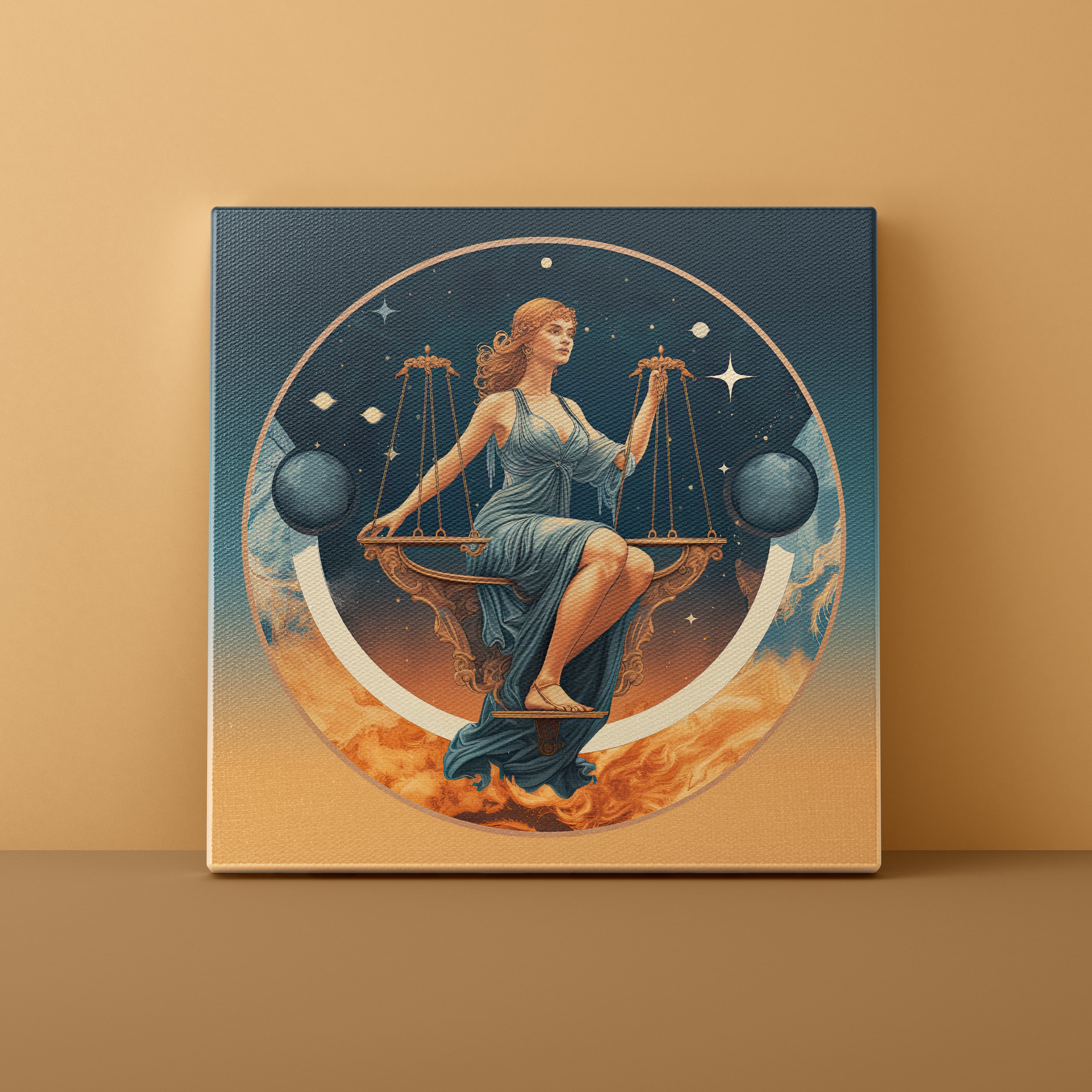 Canvas print of a woman holding scales against a celestial background on a beige wall.