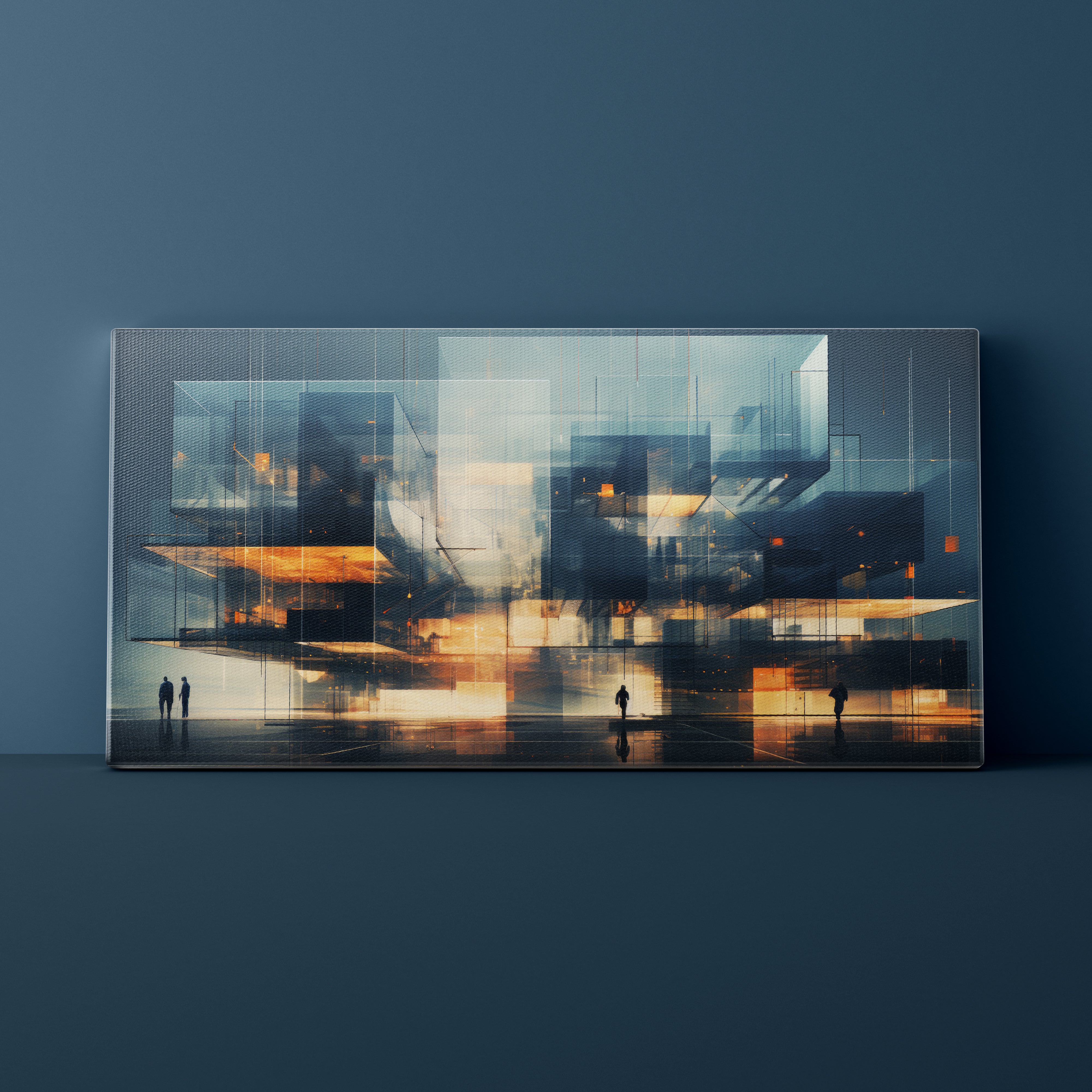 Framed artwork of a modern architectural scene with people on a dark blue wall