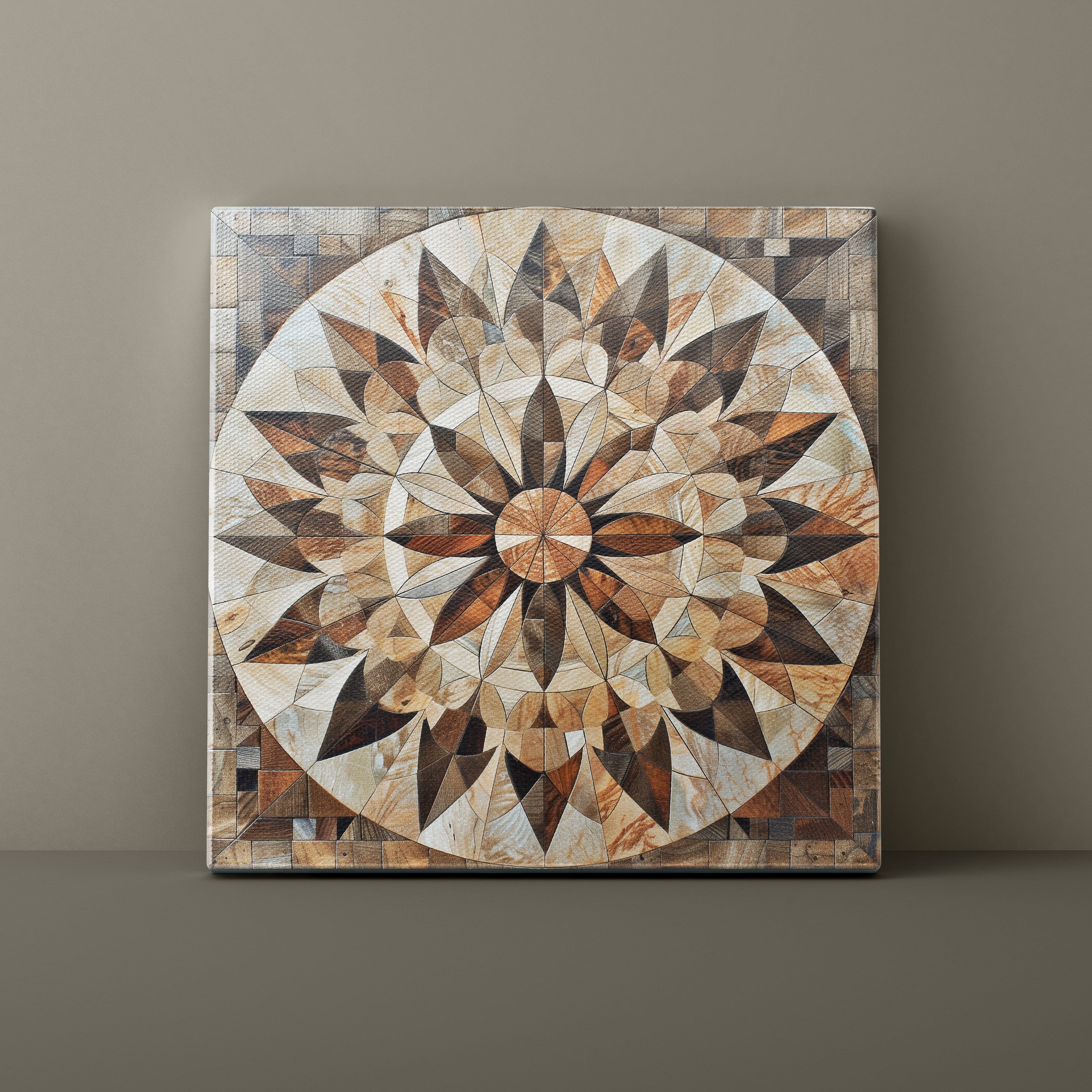 Decorative wall art with a geometric pattern on a brown background