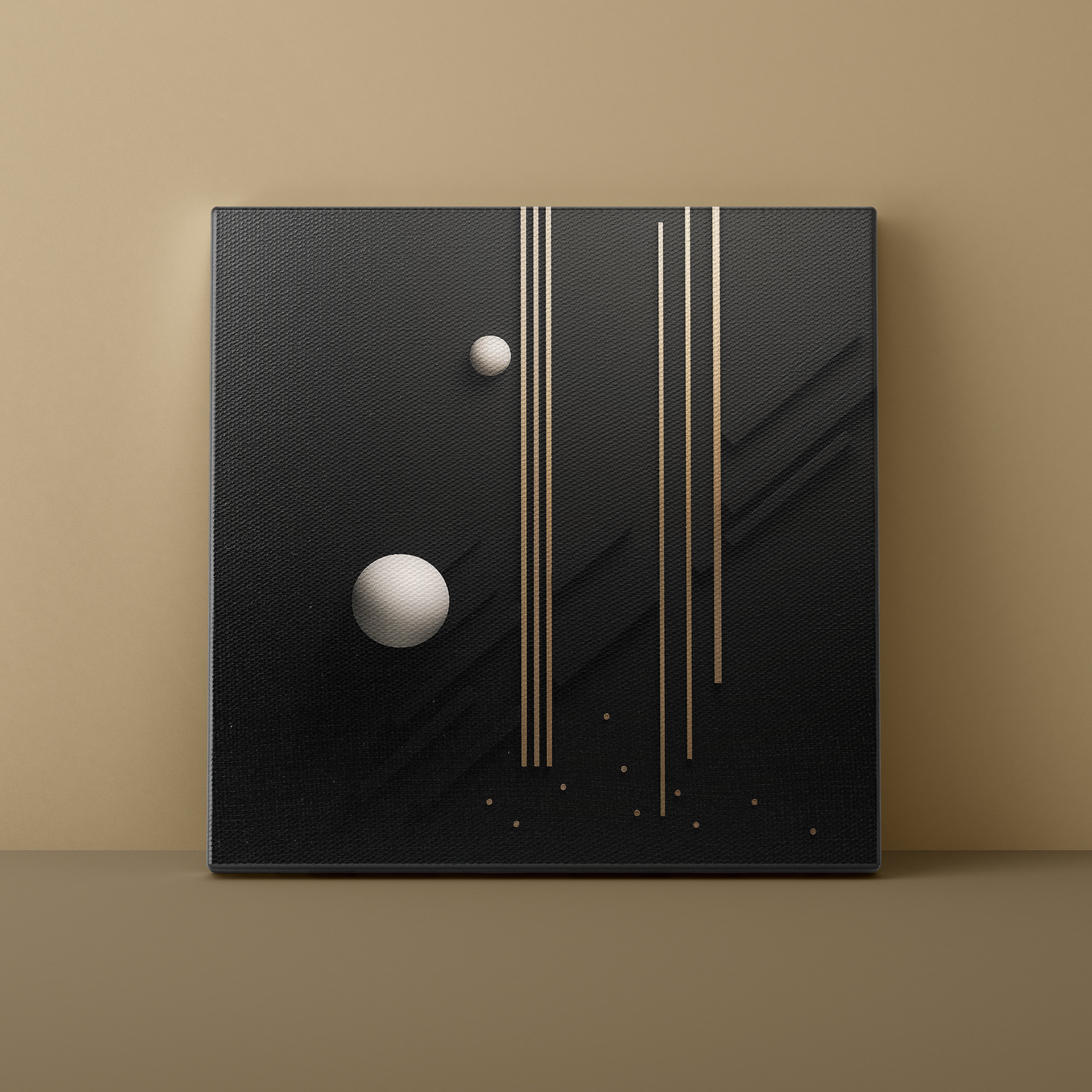 Black textured wall art with white spherical elements on a beige background
