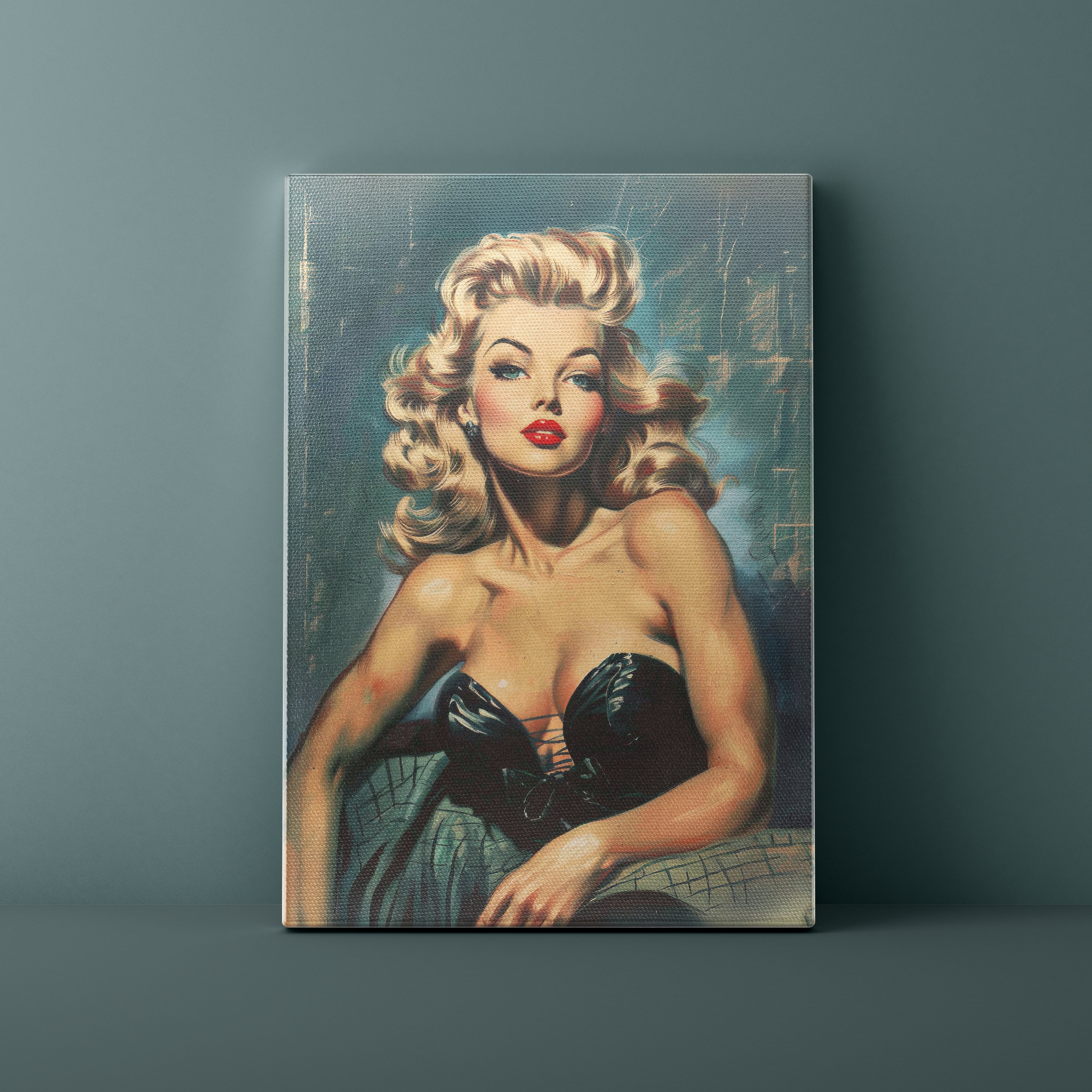 Canvas print of a stylized woman with blonde hair and red lipstick on a dark background