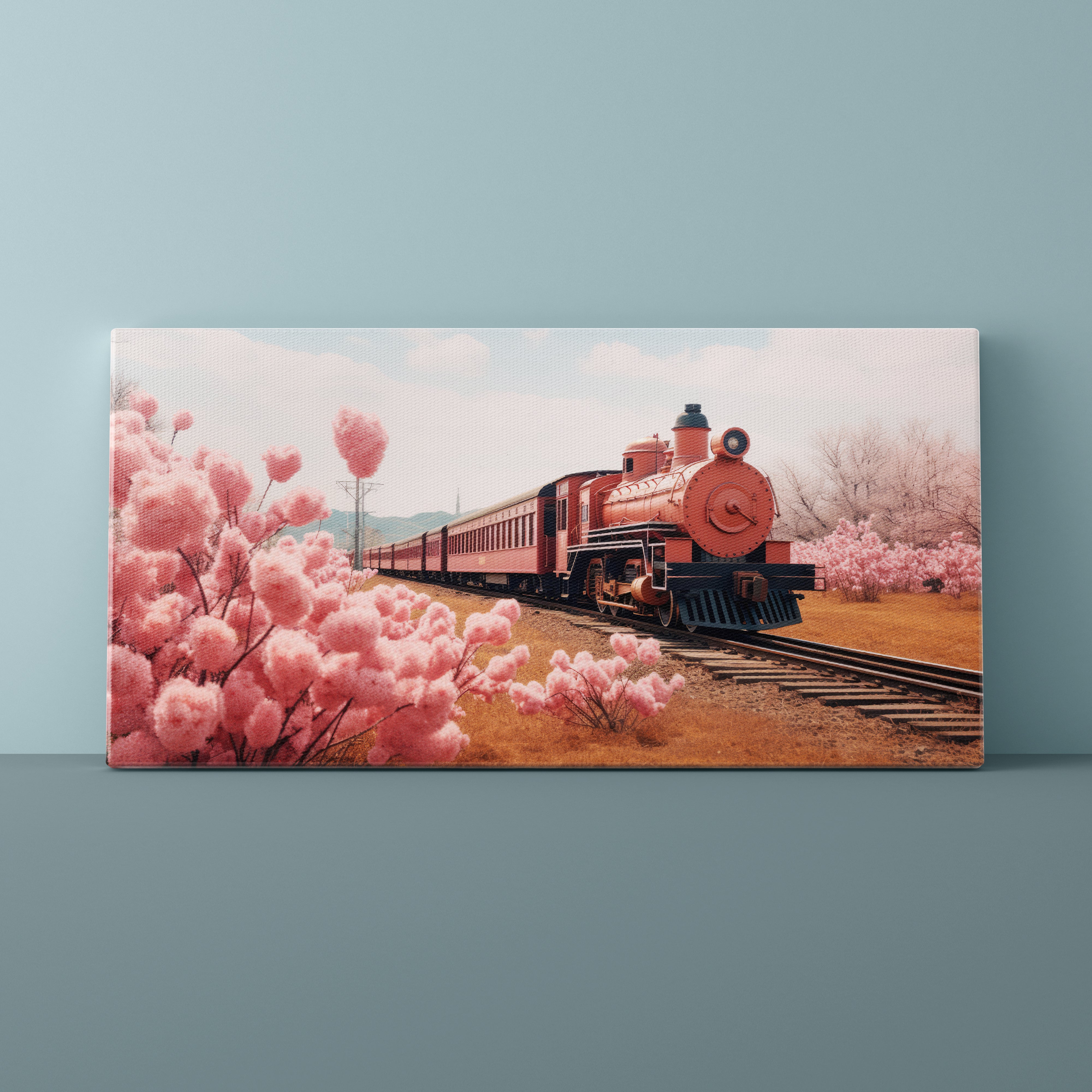 Painting of a red train on tracks with cherry blossom trees against a light blue sky.