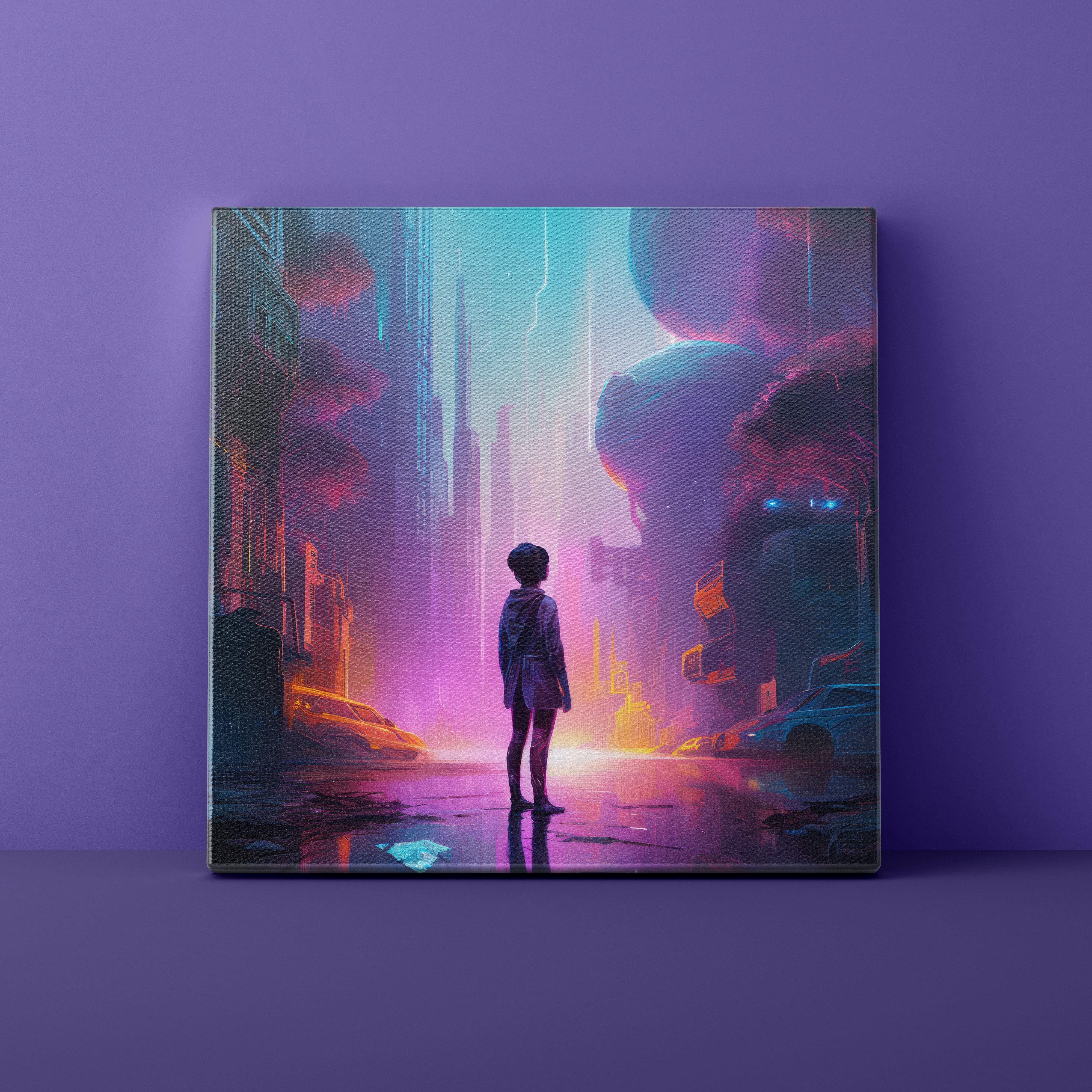 Futuristic cityscape with a person standing in the foreground on a purple background