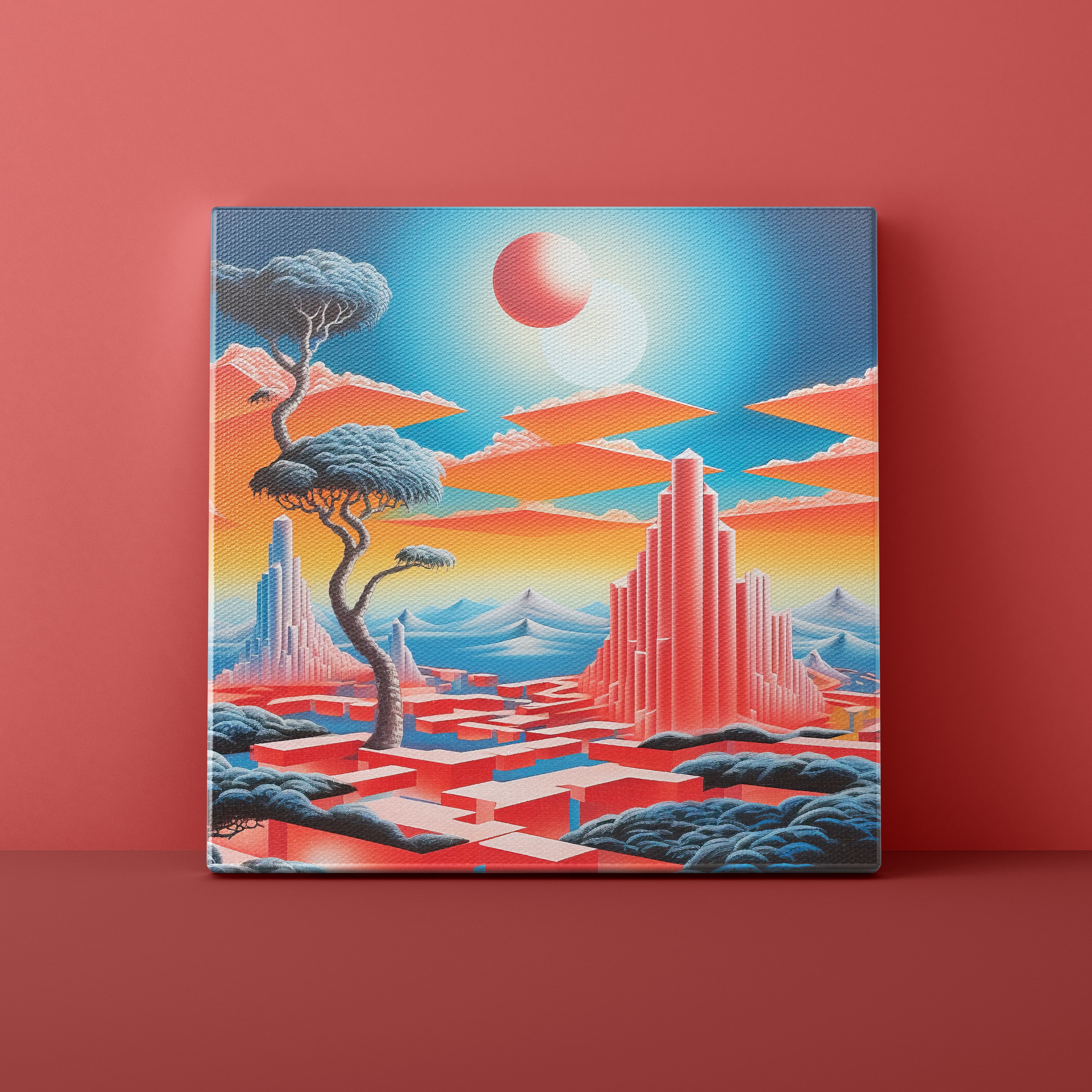 Surreal landscape painting with futuristic architecture and a large sun on a red wall.