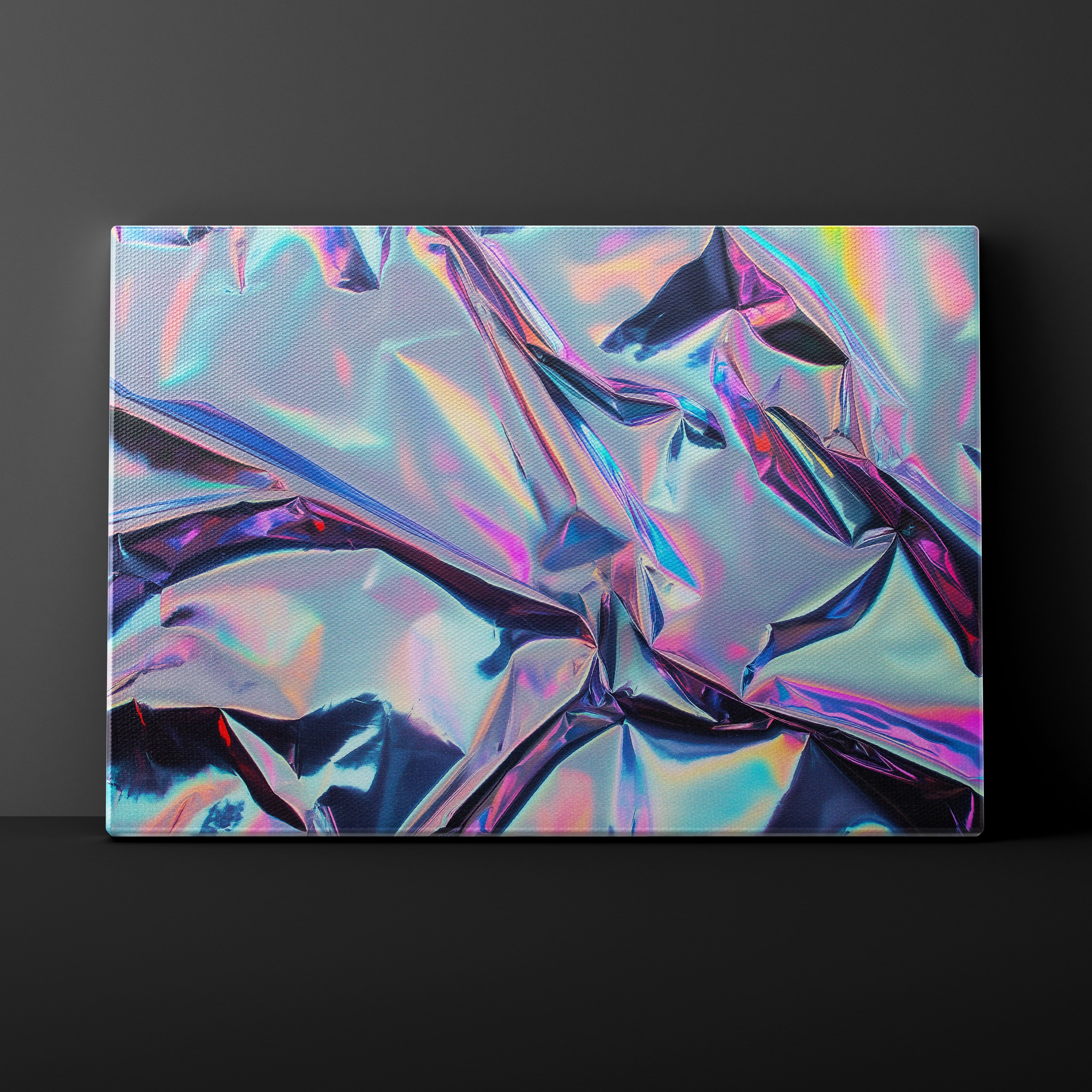 Holographic metallic fabric with iridescent colors on a black background
