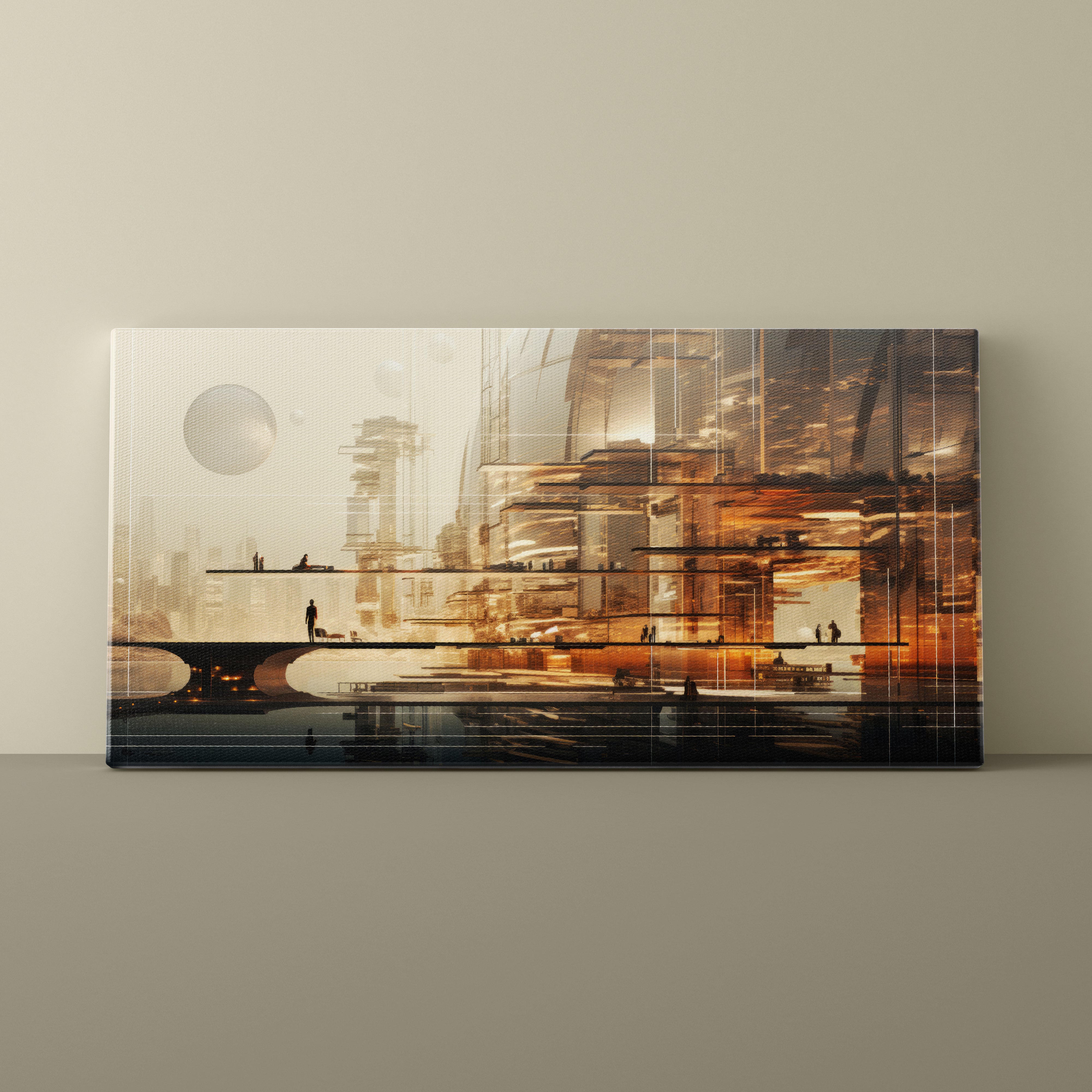 Modern cityscape artwork on a beige wall
