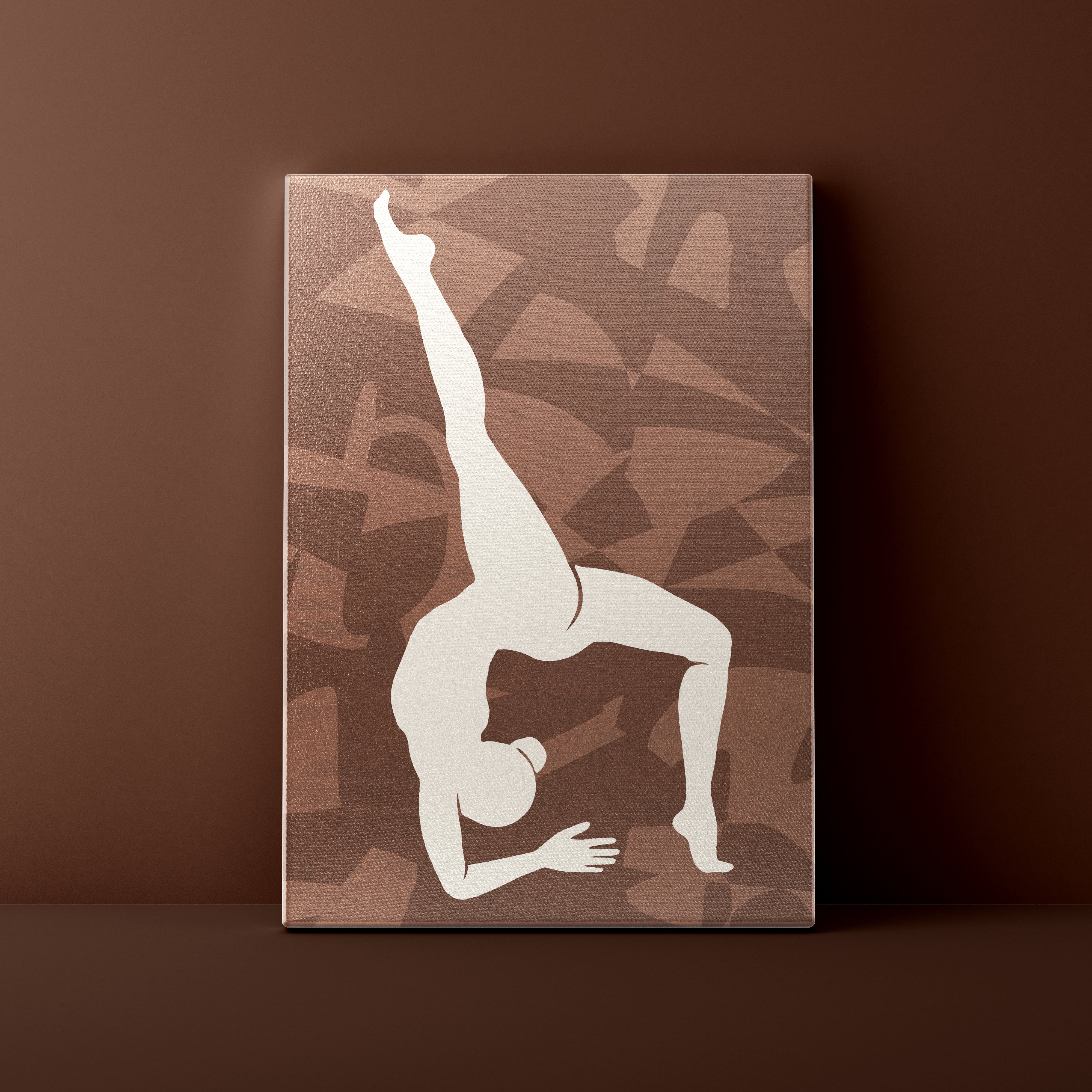 Canvas print with a white silhouette of a person in a yoga pose on a brown abstract patterned background