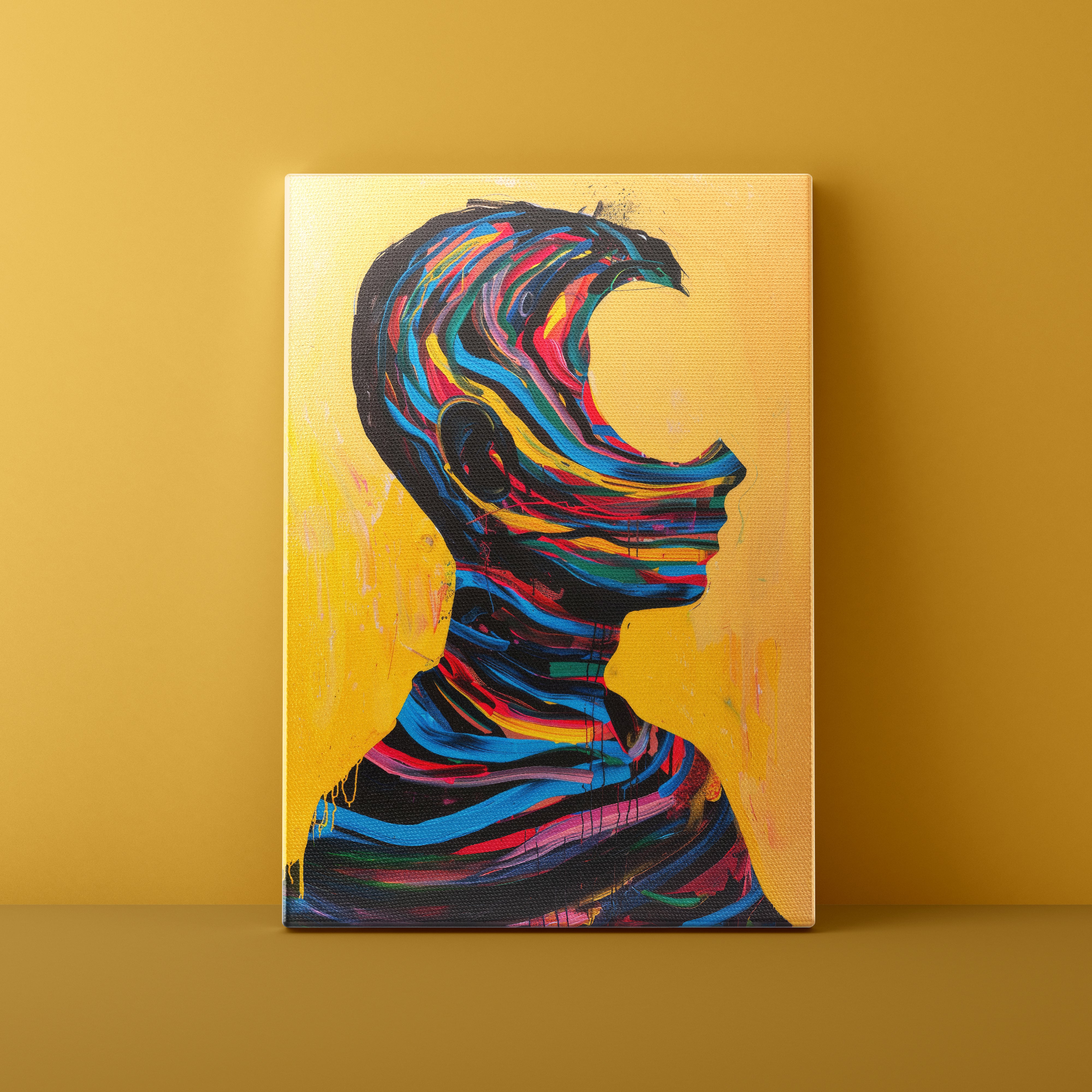 Canvas print of a colorful abstract profile against a yellow background