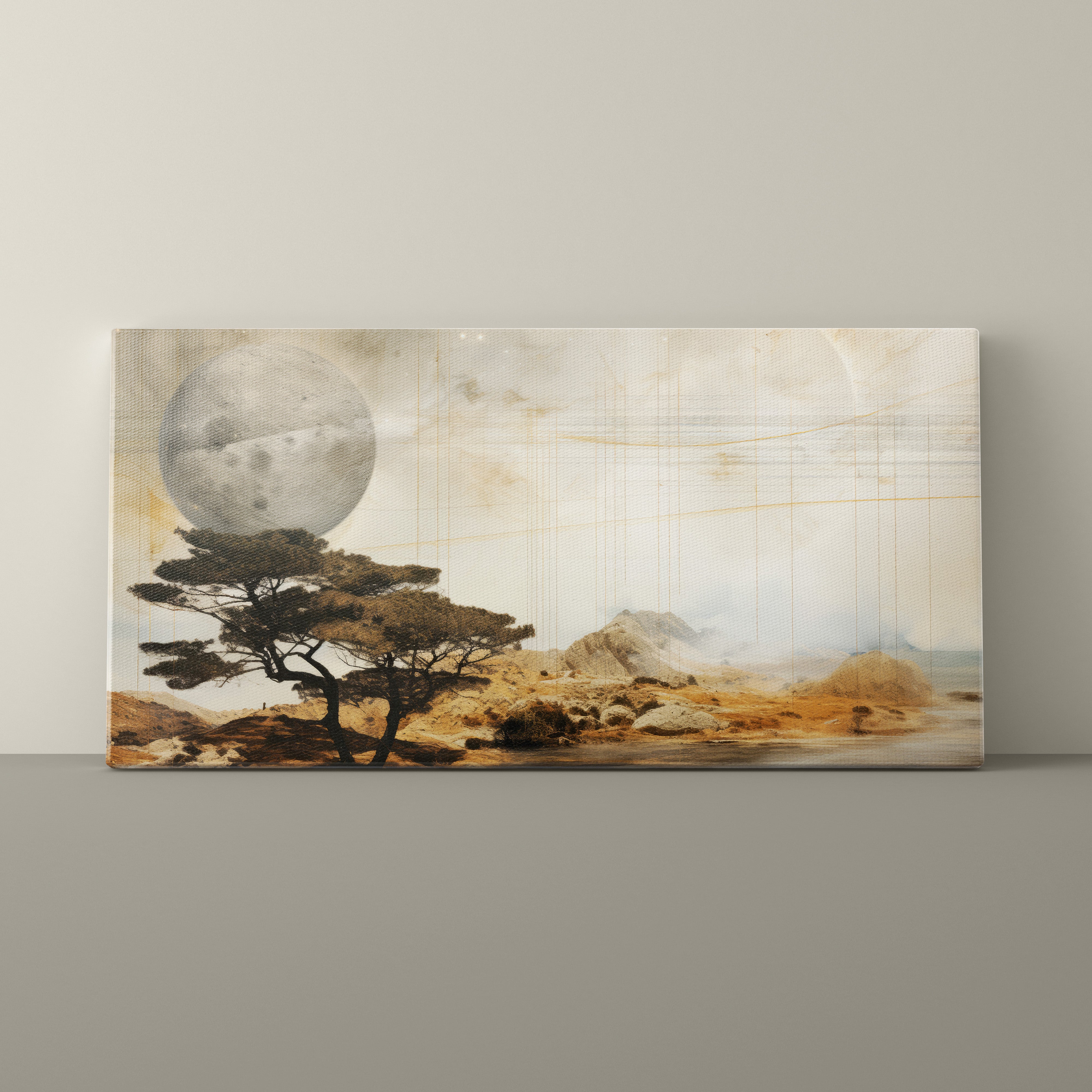 Canvas print of a landscape with a tree, rocks, and a large moon on a plain wall.