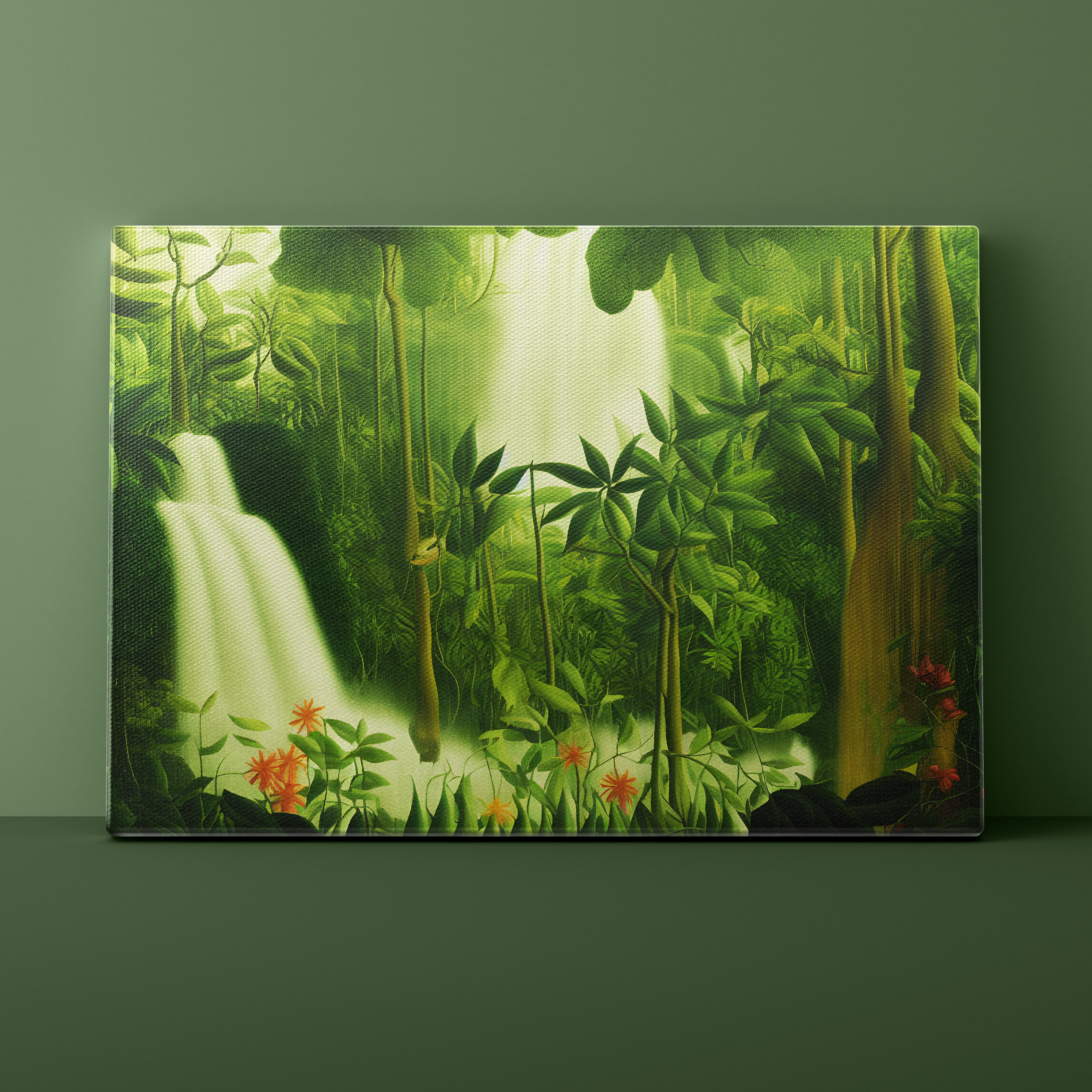 Vibrant jungle scene with a waterfall and lush greenery