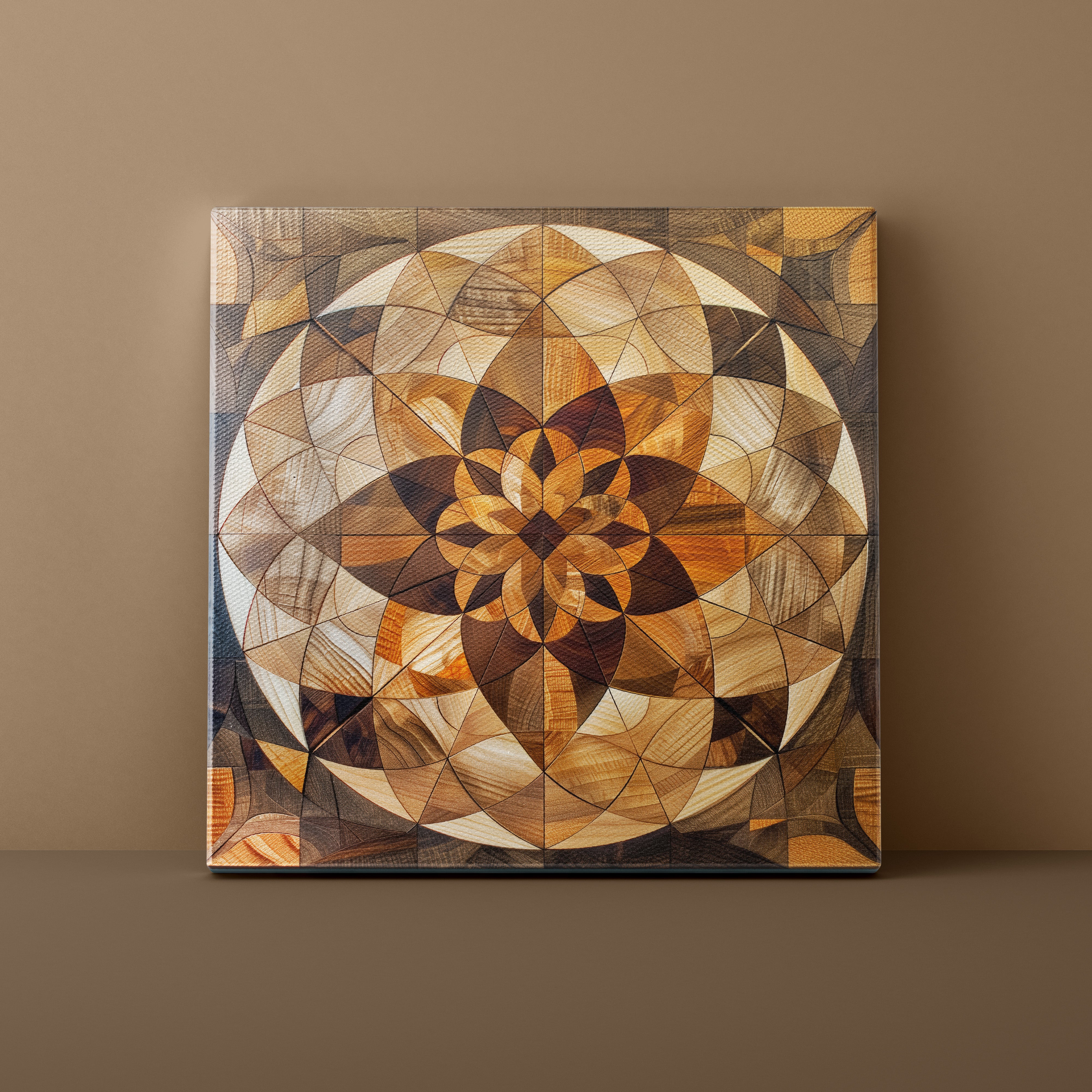 Geometric wooden wall art on a brown background