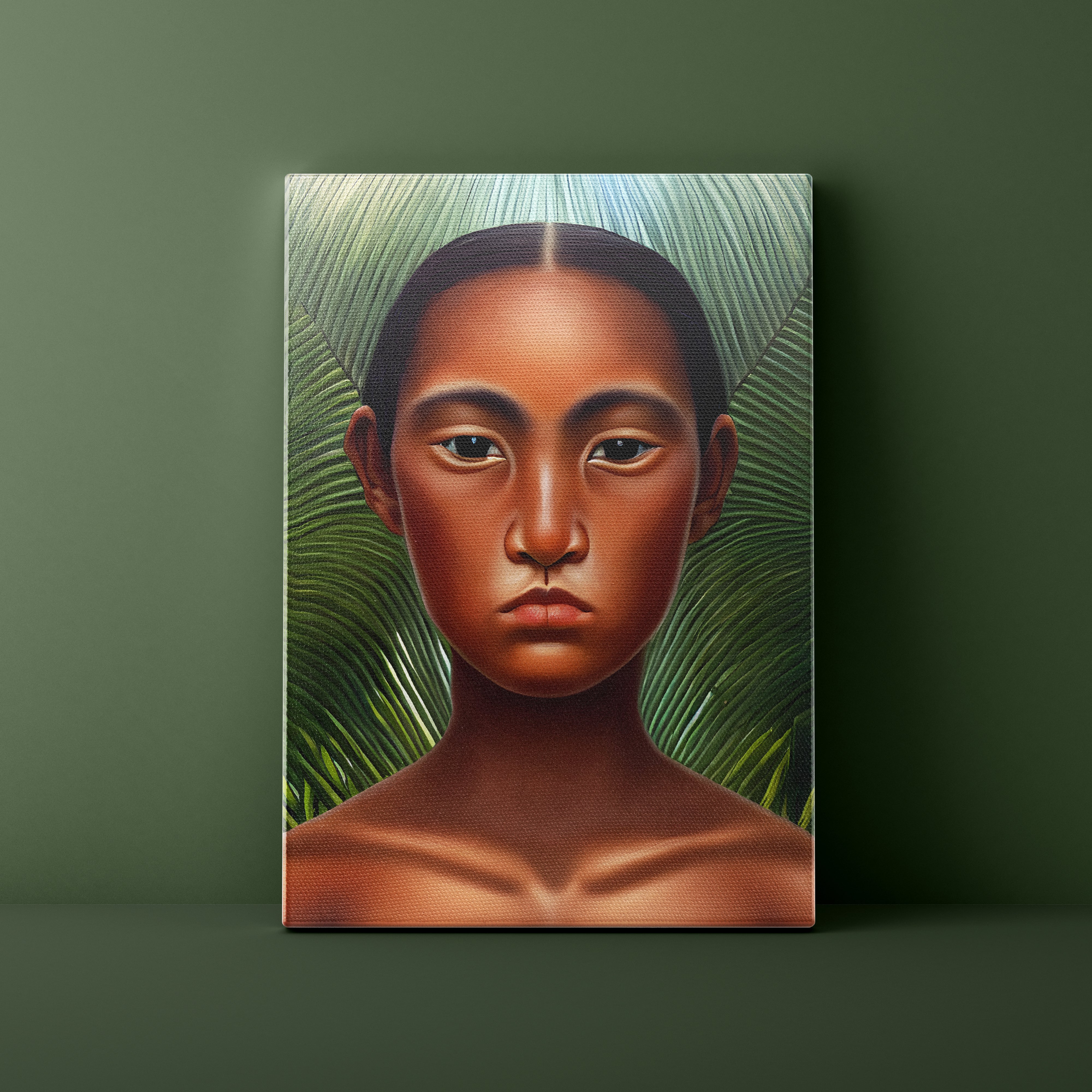 Canvas print of a person with green leaves on a dark green background